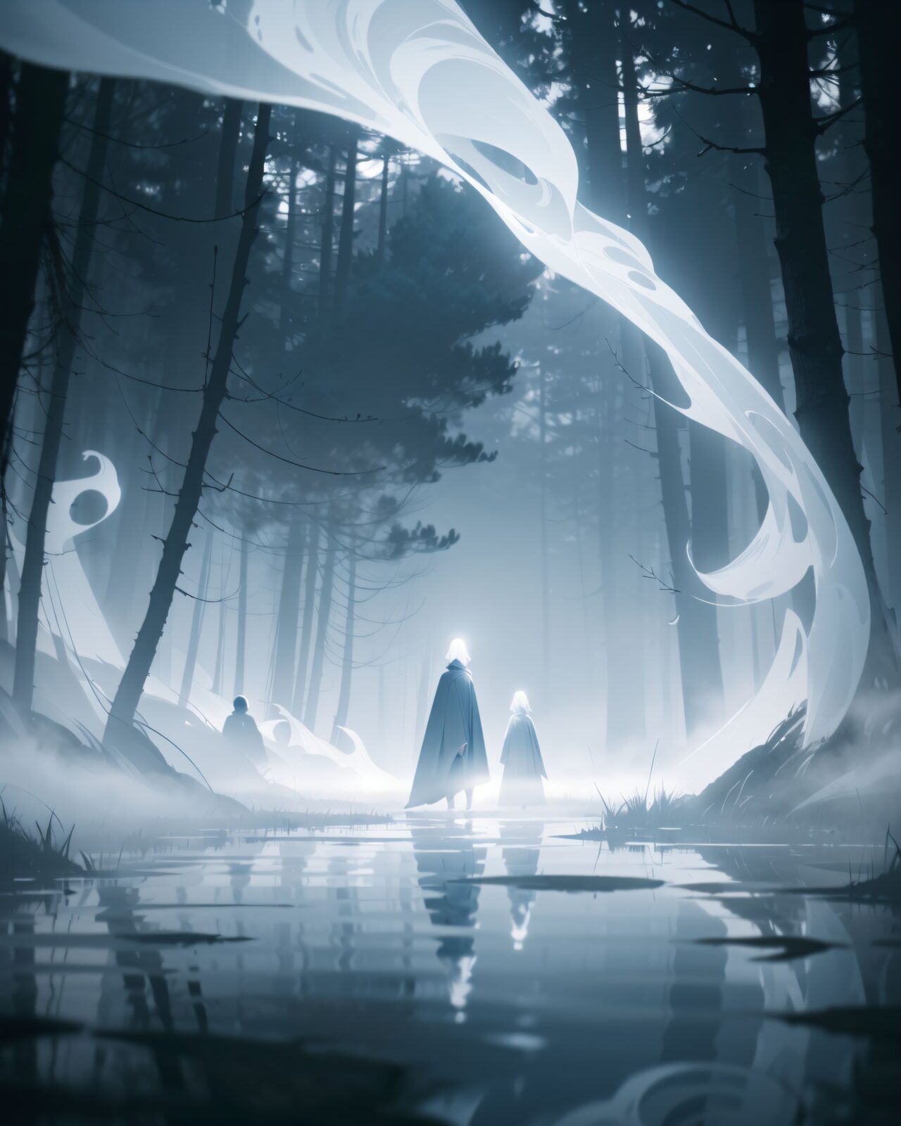 (masterpiece, best quality, ultra-detailed, 8k), (cinematic lighting:1.3), (atmospheric composition:1.4)
A dark misty forest at twilight, trees standing tall and shrouded in dense fog.
(Four ethereal ghostly figures:1.4) appear in the mist, wearing flowing pale robes that merge into the fog.
Their long, silvery-white hair floats weightlessly, reflecting soft blue and white luminescence.
(Their eyes are haunting yet melancholic, their expressions distant and nostalgic:1.2).
They stand barefoot in shallow water, ripples forming as they barely touch the surface.
((Their forms flicker and shift, like reflections on water, appearing unstable and otherworldly)).
(Glowing spectral energy swirls gently around them, casting eerie highlights against the dark forest).
Soft blue and white lights radiate faintly from their figures, illuminating the mist surrounding them.
((Close-up shot focusing on the two nearest figures, their soft expressions appearing lifelike yet ghostly):1.2),
(depth-of-field, slightly blurred distant apparitions fading into the fog, adding to the dreamlike effect).
8k, ultra-detailed, intricate, sharp focus, photorealistic, cinematic fantasy art, high contrast lighting, volumetric fog.