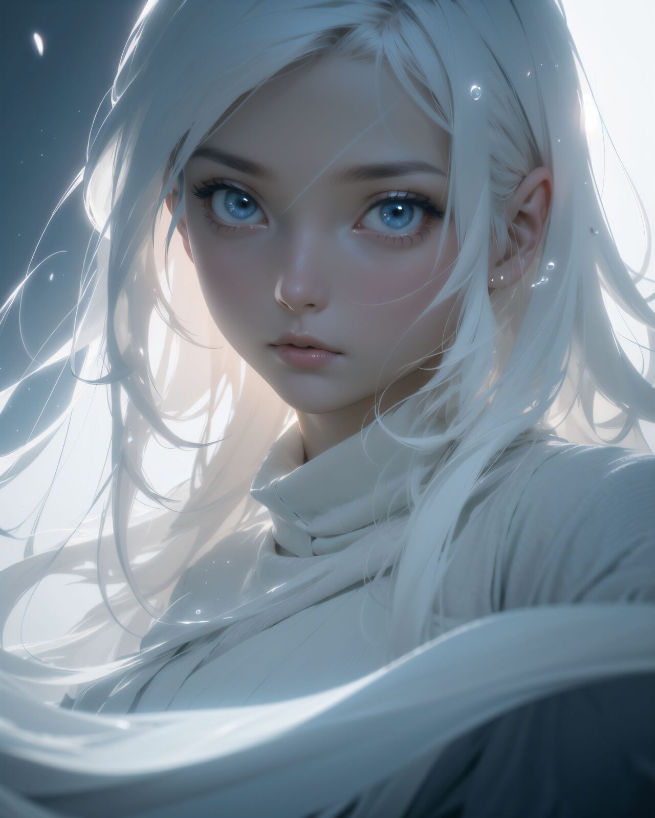 (ultra-detailed:1.1), (8k:1.1), (cinematic lighting:1.3), (atmospheric composition:1.4), A dark misty forest at twilight, trees standing tall and shrouded in dense fog., (Two ethereal ghostly girls:1.4), appear in the mist, their delicate faces illuminated softly., (Their expressions are nostalgic yet haunting:1.3), (with large:1.3), (shimmering pale-blue eyes that glow faintly:1.3), ., (Their soft:1.1), (pale skin and gentle features contrast with the eerie fog surrounding them:1.1), .
Their long, silvery-white hair flows as if caught in an unseen breeze, strands glowing faintly., (They wear flowing pale robes that seem to blend into the mist:1.1), (fabric appearing weightless:1.1), (Their figures are semi-transparent:1.1), (wavering slightly as if flickering between existence and nothingness:1.1), (Their faces are clearly visible despite the shifting:1.5), (ghostly nature of their forms:1.5), (Spectral energy swirls faintly around them:1.3), (casting a soft glow on their features:1.3), .
They stand barefoot in shallow water, their reflections distorted by gentle ripples., (Close-up shot focusing on the nearest girl's face:1.1), (capturing her melancholic yet serene expression:1.1), (The second girl is slightly behind:1.1), (gazing with an unreadable emotion:1.1), (her form fading slightly into the mist:1.1), .
8k, intricate, sharp focus, photorealistic, cinematic fantasy art, soft glow effect, volumetric fog, ethereal lighting, eerie atmosphere is punctuated by the mysterious presence of a single, which casts an otherworldly shadow over the scene., high contrast between figures and background. The dark, unsettling "Dark" spirit,
This image, created by the artist kurosusuda, depicts a surreal and ethereal scene from the series "Ash and Ashes. " The composition is dominated by a central figure with long, flowing white hair that seems to be caught in motion, creating a sense of dynamic energy. This character appears to be in a state of rest or perhaps contemplation, their gaze directed towards something unseen but not directly at the viewer. The scene is filled with a mystical atmosphere, characterized by swirling patterns and ethereal lighting that casts an otherworldly glow over the entire setting. The artist's style is evident in the detailed rendering of the characters and their expressions, which adds depth to the image without distracting from the overall mood but enhancing its emotional impact.
(masterpiece:1.1), (best quality:1.1)