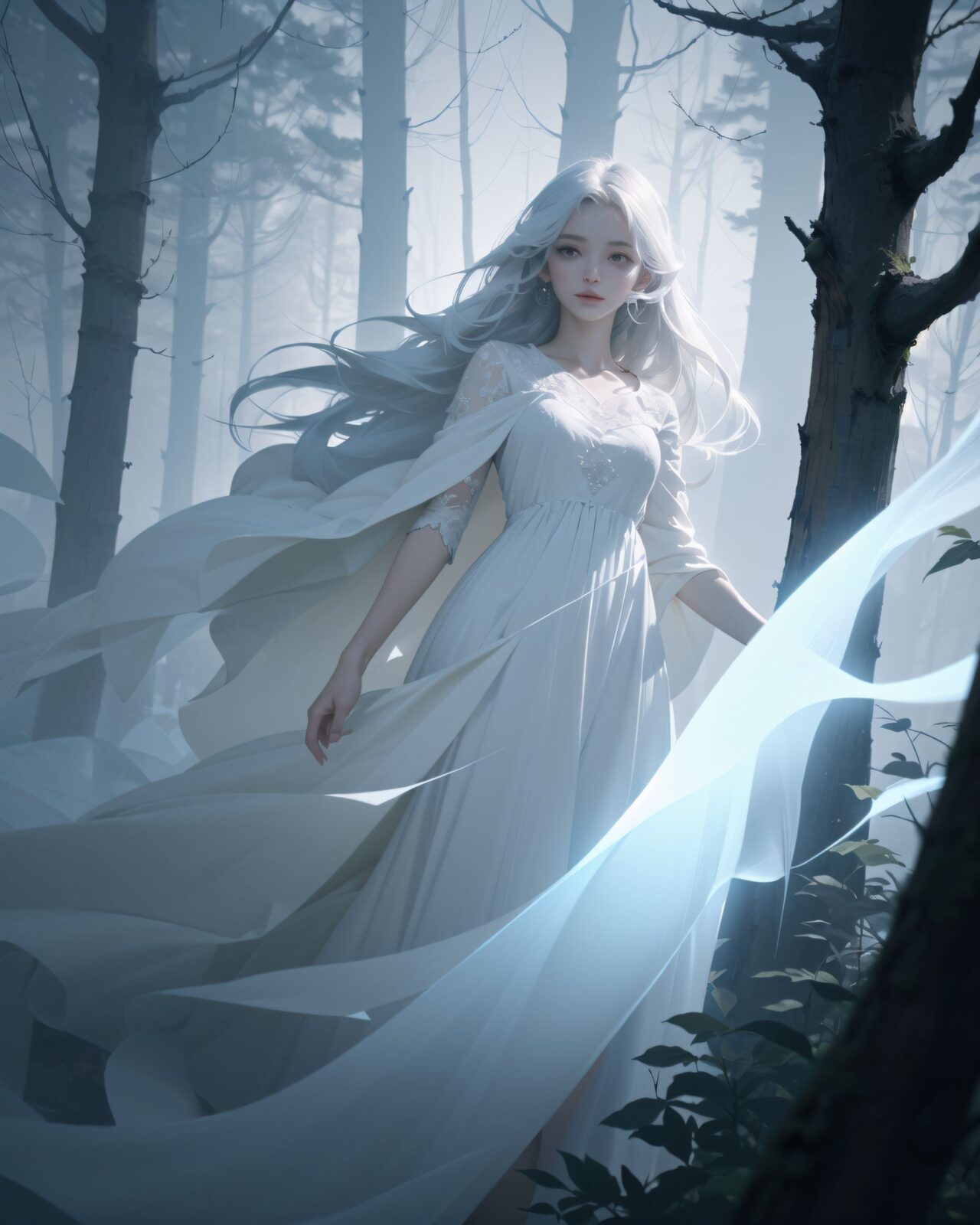 (ultra-detailed:1.1), (8k:1.1), (cinematic lighting:1.3), (atmospheric composition:1.4), A dark misty forest at twilight, trees standing tall and shrouded in dense fog., (Two ethereal ghostly girls:1.4), appear in the mist, their delicate faces illuminated softly., (Their expressions are nostalgic yet haunting:1.3), (with large:1.3), (shimmering pale-blue eyes that glow faintly:1.3), ., (Their soft:1.1), (pale skin and gentle features contrast with the eerie fog surrounding them:1.1), .
Their long, silvery-white hair flows as if caught in an unseen breeze, strands glowing faintly., (They wear flowing pale robes that seem to blend into the mist:1.1), (fabric appearing weightless:1.1), (Their figures are semi-transparent:1.1), (wavering slightly as if flickering between existence and nothingness:1.1), (Their faces are clearly visible despite the shifting:1.5), (ghostly nature of their forms:1.5), (Spectral energy swirls faintly around them:1.3), (casting a soft glow on their features:1.3), .
They stand barefoot in shallow water, their reflections distorted by gentle ripples., (Close-up shot focusing on the nearest girl's face:1.1), (capturing her melancholic yet serene expression:1.1), (The second girl is slightly behind:1.1), (gazing with an unreadable emotion:1.1), (her form fading slightly into the mist:1.1), .
8k, intricate, sharp focus, photorealistic, cinematic fantasy art, soft glow effect, volumetric fog, ethereal lighting, creating an atmosphere of quiet introspection., high contrast between figures and background. The composition emphasizes their connection with nature and the muted colors of a dark forest,
In this evocative image by the artist kyjsos, we see a surreal and dreamlike scene set against a backdrop of bare trees that appear to be ghostly or ethereal. The central figure is a young woman with long, flowing hair that seems to dance in the wind, her face etched with an expression of quiet intensity. She is dressed in a dark dress that contrasts sharply with the surrounding mist and darkness. Her gaze is directed towards the viewer, creating a sense of connection despite the eerie atmosphere. The overall composition is characterized by high-contrast, detailed lines and a soft glow emanating from the mist, which enhances the ethereal quality of the scene. The use of light and shadow adds depth to the image, making it a captivating piece that invites viewers into the surreal world of kyjsos.
(masterpiece:1.1), (best quality:1.1)