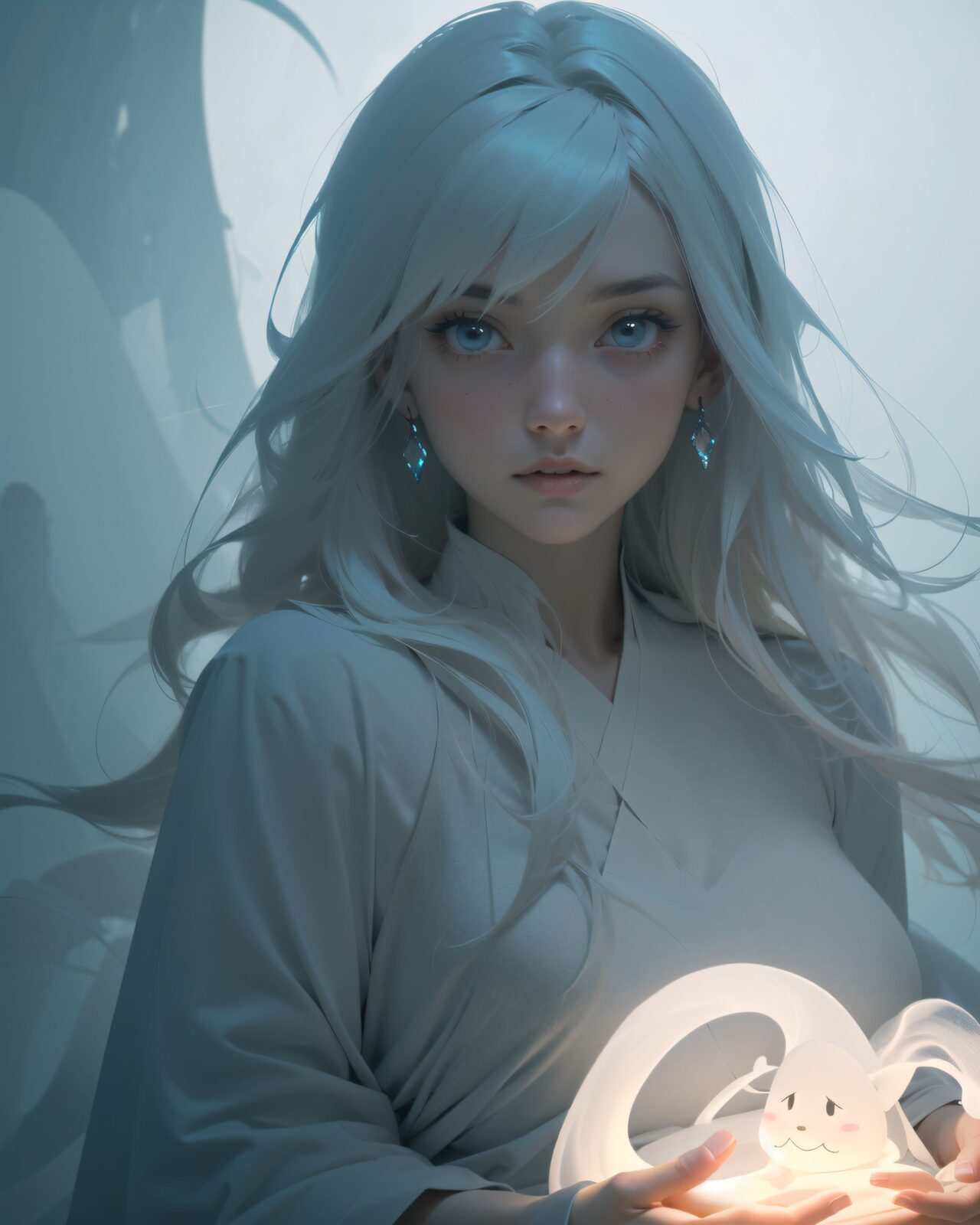 (ultra-detailed:1.1), (8k:1.1), (cinematic lighting:1.3), (atmospheric composition:1.4), A dark misty forest at twilight, trees standing tall and shrouded in dense fog., (Two ethereal ghostly girls:1.4), appear in the mist, their delicate faces illuminated softly., (Their expressions are nostalgic yet haunting:1.3), (with large:1.3), (shimmering pale-blue eyes that glow faintly:1.3), ., (Their soft:1.1), (pale skin and gentle features contrast with the eerie fog surrounding them:1.1), .
Their long, silvery-white hair flows as if caught in an unseen breeze, strands glowing faintly., (They wear flowing pale robes that seem to blend into the mist:1.1), (fabric appearing weightless:1.1), (Their figures are semi-transparent:1.1), (wavering slightly as if flickering between existence and nothingness:1.1), (Their faces are clearly visible despite the shifting:1.5), (ghostly nature of their forms:1.5), (Spectral energy swirls faintly around them:1.3), (casting a soft glow on their features:1.3), .
They stand barefoot in shallow water, their reflections distorted by gentle ripples., (Close-up shot focusing on the nearest girl's face:1.1), (capturing her melancholic yet serene expression:1.1), (The second girl is slightly behind:1.1), (gazing with an unreadable emotion:1.1), (her form fading slightly into the mist:1.1), .
8k, intricate, sharp focus, photorealistic, cinematic fantasy art, soft glow effect, volumetric fog, ethereal lighting, as if the viewer has been caught in a moment of solitude for these two magical girls., high contrast between figures and background. The overall atmosphere is one of quiet introspection and mystery,
In this enchanting, atmospheric scene by artist kimmy taint, a young woman with long, flowing hair stands alone amidst the misty, ethereal landscape. Her face is partially obscured by her hands, which gently cradle a delicate, translucent crystal that seems to be emitting a soft, magical light. The forest around her is shrouded in an otherworldly fog, creating an air of mystery and tranquility. The atmosphere is one of quiet introspection, with the woman appearing almost ethereal amidst the serene and mystical surroundings. This piece is part of kimmy tapp's original series, known for its intricate, ghostly characters and captivating visual storytelling.
(masterpiece:1.1), (best quality:1.1)
