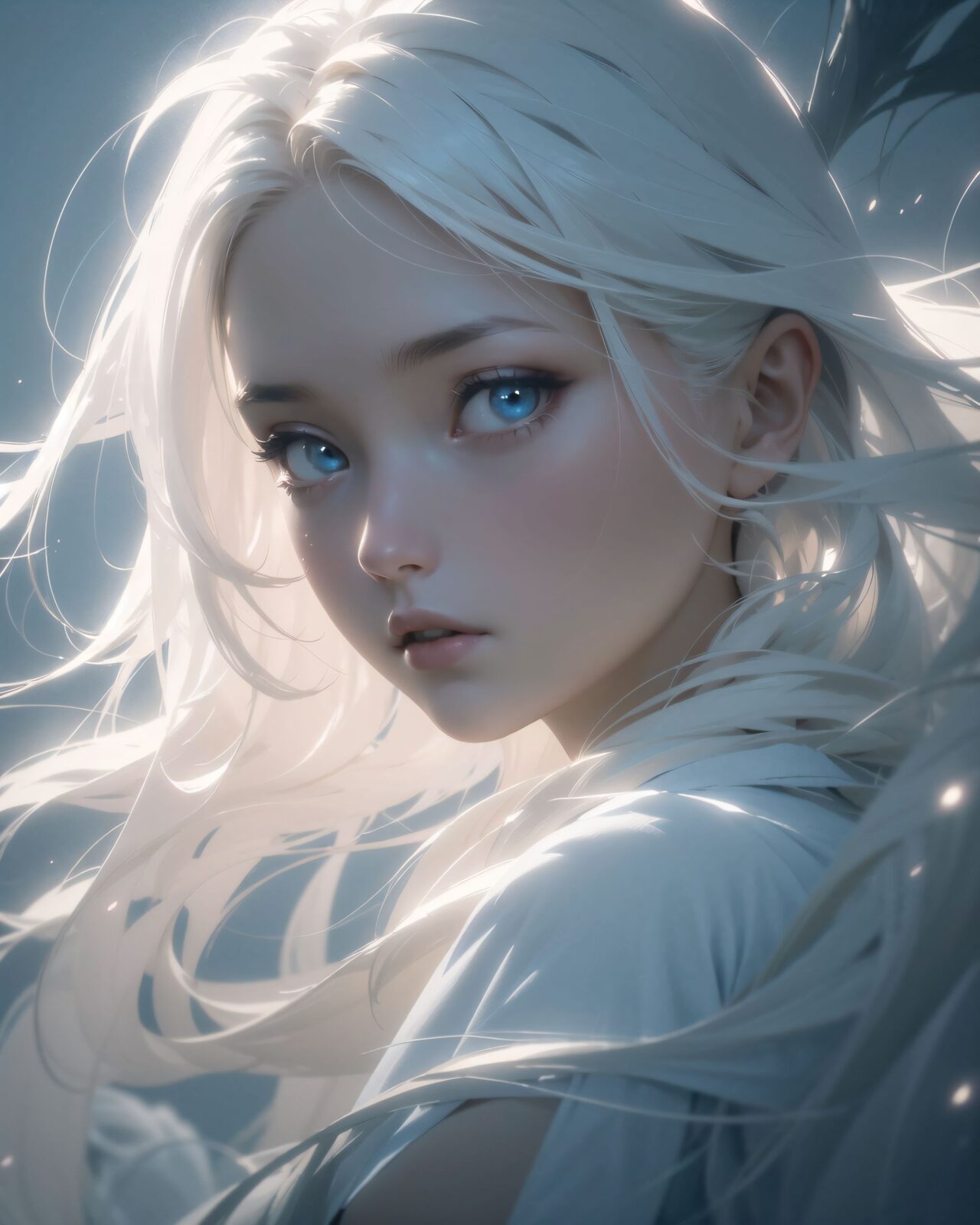 (ultra-detailed:1.1), (8k:1.1), (cinematic lighting:1.3), (atmospheric composition:1.4), A dark misty forest at twilight, trees standing tall and shrouded in dense fog., (close-up of face:1.1), (Two ethereal ghostly girls:1.4), appear in the mist, their delicate faces illuminated softly., (Their expressions are nostalgic yet haunting:1.3), (with large:1.3), (shimmering pale-blue eyes that glow faintly:1.3), ., (Their soft:1.1), (pale skin and gentle features contrast with the eerie fog surrounding them:1.1), .
Their long, silvery-white hair flows as if caught in an unseen breeze, strands glowing faintly., (They wear flowing pale robes that seem to blend into the mist:1.1), (fabric appearing weightless:1.1), (Their figures are semi-transparent:1.1), (wavering slightly as if flickering between existence and nothingness:1.1), (Their faces are clearly visible despite the shifting:1.5), (ghostly nature of their forms:1.5), (Spectral energy swirls faintly around them:1.3), (casting a soft glow on their features:1.3), .
They stand barefoot in shallow water, their reflections distorted by gentle ripples., (Close-up shot focusing on the nearest girl's face:1.1), (capturing her melancholic yet serene expression:1.1), (The second girl is slightly behind:1.1), (gazing with an unreadable emotion:1.1), (her form fading slightly into the mist:1.1), .
8k, intricate, sharp focus, photorealistic, cinematic fantasy art, soft glow effect, volumetric fog, ethereal lighting, high contrast between figures and background.,
In this enchanting digital illustration by oushi, a young girl with long, flowing white hair stands in the center of a mystical, misty landscape. Her eyes are hidden behind closed lids, suggesting a moment of deep contemplation or perhaps even sorrow. The ethereal atmosphere is further accentuated by floating ghosts and swirling patterns that seem to dance around her, creating an otherworldly ambiance. The girl's serene expression and the soft glowing effects on her face add a sense of tranquility and mystery to the scene. This image is part of the "Darker Than Darkness" series, known for its intricate storytelling and captivating visual narratives.
(masterpiece:1.1), (best quality:1.1)
