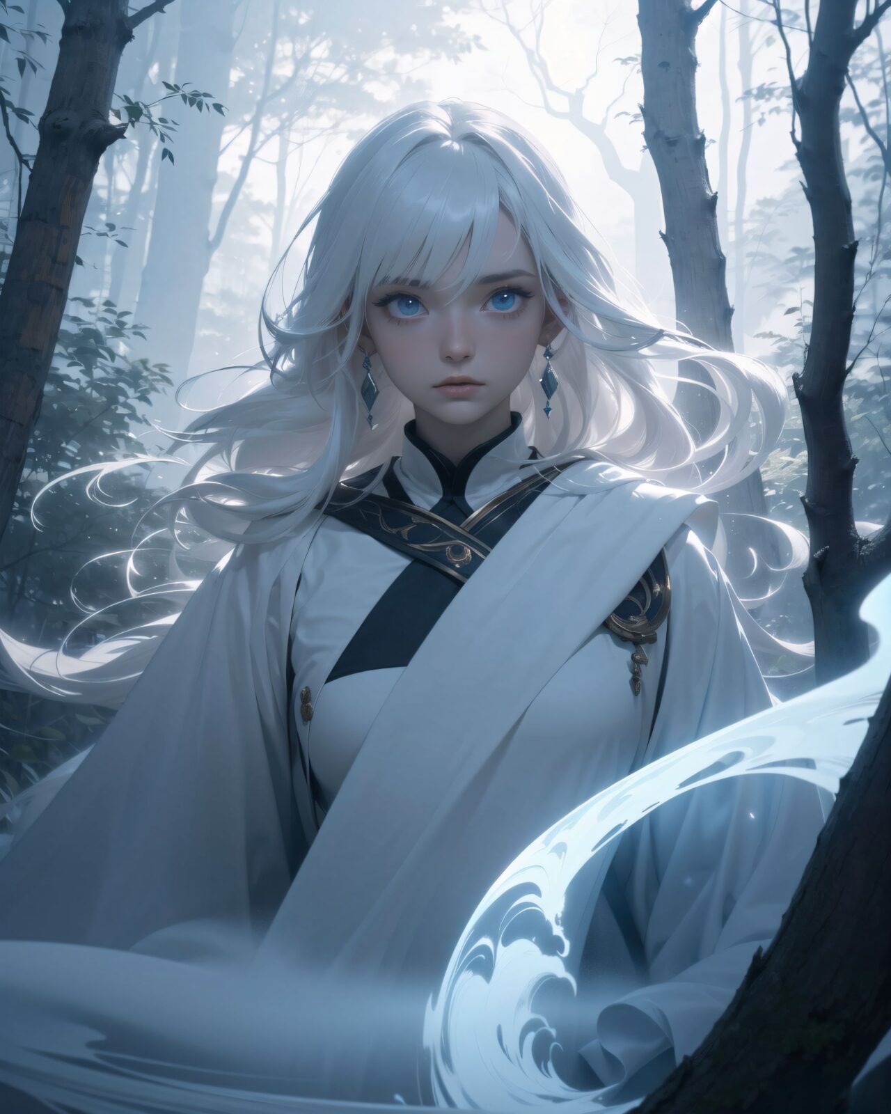 (ultra-detailed:1.1), (8k:1.1), (cinematic lighting:1.3), (atmospheric composition:1.4), A dark misty forest at twilight, trees standing tall and shrouded in dense fog., (dynamic angle shot:1.1), (Two ethereal ghostly girls:1.4), appear in the mist, their delicate faces illuminated softly., (Their expressions are nostalgic yet haunting:1.3), (with large:1.3), (shimmering pale-blue eyes that glow faintly:1.3), ., (Their soft:1.1), (pale skin and gentle features contrast with the eerie fog surrounding them:1.1), .
Their long, silvery-white hair flows as if caught in an unseen breeze, strands glowing faintly., (They wear flowing pale robes that seem to blend into the mist:1.1), (fabric appearing weightless:1.1), (Their figures are semi-transparent:1.1), (wavering slightly as if flickering between existence and nothingness:1.1), (Their faces are clearly visible despite the shifting:1.5), (ghostly nature of their forms:1.5), (Spectral energy swirls faintly around them:1.3), (casting a soft glow on their features:1.3), .
They stand barefoot in shallow water, their reflections distorted by gentle ripples., (Close-up shot focusing on the nearest girl's face:1.1), (capturing her melancholic yet serene expression:1.1), (The second girl is slightly behind:1.1), (gazing with an unreadable emotion:1.1), (her form fading slightly into the mist:1.1), .
8k, intricate, sharp focus, photorealistic, cinematic fantasy art, soft glow effect, volumetric fog, ethereal lighting, high contrast between figures and background.,
In this enchanting digital illustration by oushi miwasings, a surreal scene unfolds under the cloak of a misty forest at night. The central figure is a young girl with long, flowing white hair and striking blue eyes that seem to glow in the dim light. She stands amidst tall trees adorned with twisted branches and delicate, ethereal lights that cast an otherworldly glow on her form. Her attire is minimalistic yet elegant, featuring a simple dress that blends seamlessly with the natural surroundings. The overall atmosphere is one of quiet contemplation and mystical beauty, characteristic of oushi miwasures' style in "blended with joy. ".
(masterpiece:1.1), (best quality:1.1)