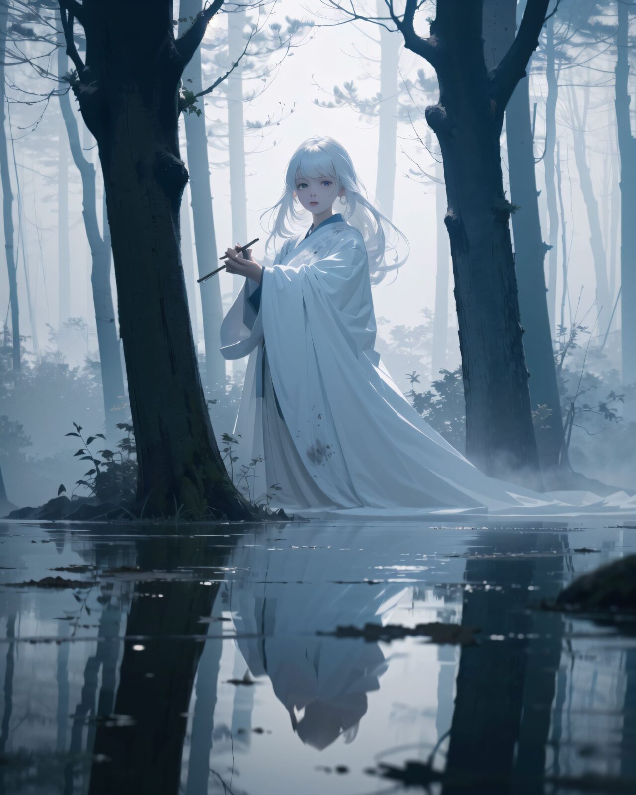 (ultra-detailed:1.1), (8k:1.1), (cinematic lighting:1.3), (atmospheric composition:1.4), A dark misty forest at twilight, trees standing tall and shrouded in dense fog., (overhead shot:1.1), (Two ethereal ghostly girls:1.4), appear in the mist, their delicate faces illuminated softly., (Their expressions are nostalgic yet haunting:1.3), (with large:1.3), (shimmering pale-blue eyes that glow faintly:1.3), ., (Their soft:1.1), (pale skin and gentle features contrast with the eerie fog surrounding them:1.1), .
Their long, silvery-white hair flows as if caught in an unseen breeze, strands glowing faintly., (They wear flowing pale robes that seem to blend into the mist:1.1), (fabric appearing weightless:1.1), (Their figures are semi-transparent:1.1), (wavering slightly as if flickering between existence and nothingness:1.1), (Their faces are clearly visible despite the shifting:1.5), (ghostly nature of their forms:1.5), (Spectral energy swirls faintly around them:1.3), (casting a soft glow on their features:1.3), .
They stand barefoot in shallow water, their reflections distorted by gentle ripples., (Close-up shot focusing on the nearest girl's face:1.1), (capturing her melancholic yet serene expression:1.1), (The second girl is slightly behind:1.1), (gazing with an unreadable emotion:1.1), (her form fading slightly into the mist:1.1), .
8k, intricate, sharp focus, photorealistic, cinematic fantasy art, soft glow effect, volumetric fog, ethereal lighting, high contrast between figures and background.,
In this enchanting digital illustration by the artist kyuuba melo, a serene and mystical scene unfolds under a canopy of twisted trees. The composition is dominated by a series of ethereal, ghostly figures that seem to be floating or emerging from the mist. These figures are characterized by their long, flowing hair, which cascades down in loose strands, and their ethereal forms casting soft, diffused light over the scene. The ground beneath them is a dark, almost black surface, punctuated by gentle ripples that hint at the presence of water or another reflective substance. The overall mood of the image is one of tranquility and otherworldly beauty, with the interplay of light and shadow creating depth and dimension in the scene. The artist's style is evident in the intricate detailing of the figures and their expressions, as well as the subtle use of color that adds to the dreamlike quality of the image. This piece seems to be part of a larger series or project, possibly related to the "Ecstatic Falls" theme, given the reference to "Furrier and Flying Ghosts. ".
(masterpiece:1.1), (best quality:1.1)