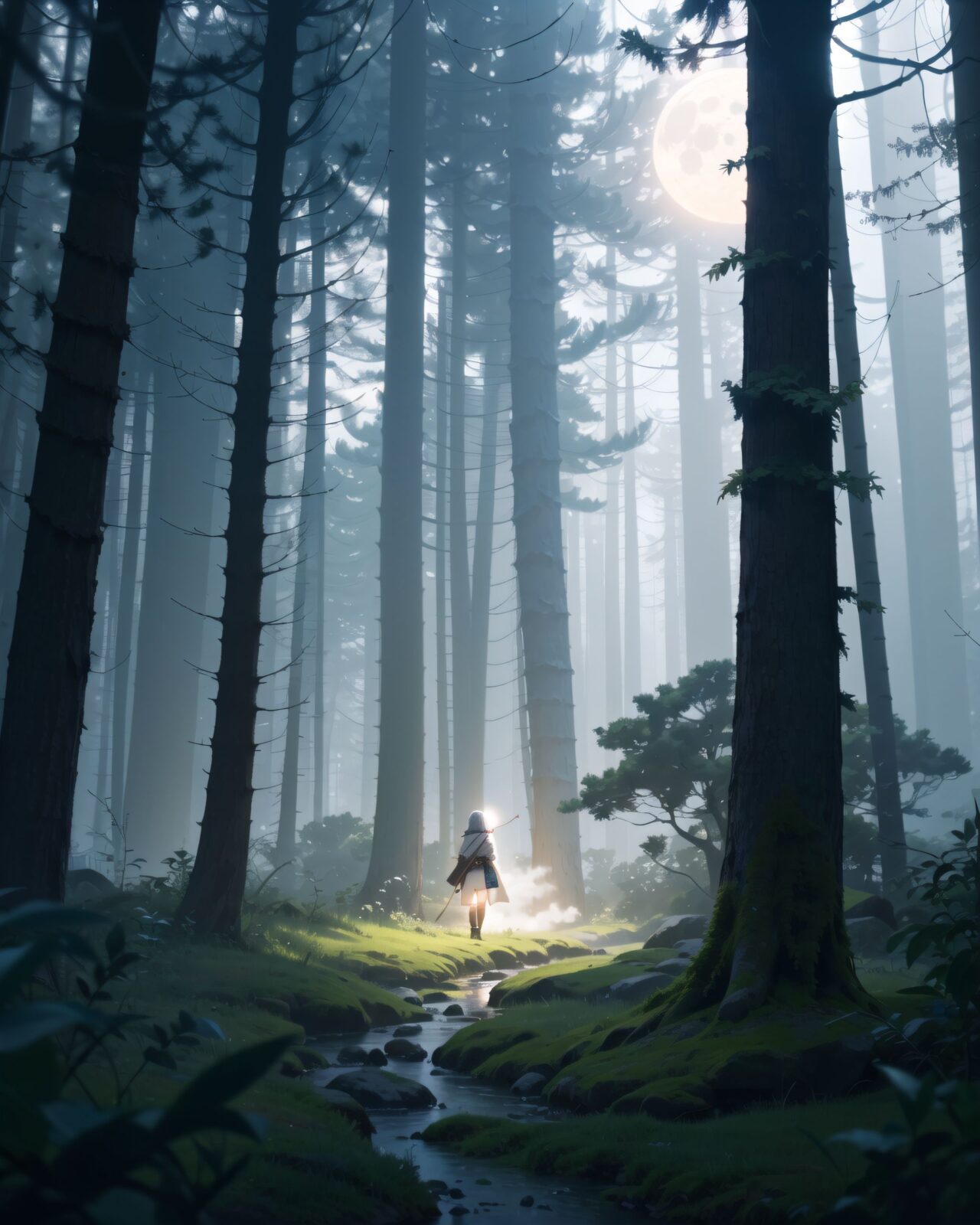 (the best, the highest quality), a scene from a film, an elf girl adventurer with silver hair and emerald green eyes is in the deep forest. She is standing with her back to us.
Behind her is a huge ancient tree, and on its roots we can dimly see a magical circle of mysterious rune characters.
The forest is shrouded in mist, and particles that emit a mysterious light are floating in the air. Soft moonlight filters through the dense treetops, casting an eerie yet captivating glow. Her back is suggestive of curiosity and a hint of unease.
8K, super-high definition, intricate patterns, cinematic composition, photorealistic fantasy art, soft atmospheric lighting.
