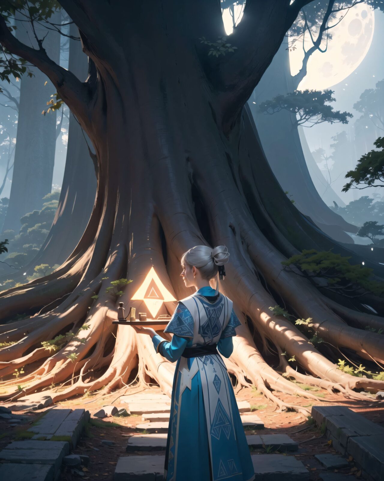 (the best, the highest quality), a scene from a film, an elf girl adventurer with silver hair and emerald green eyes is in the deep forest. She is standing with her back to us.
((Behind her is a huge ancient tree, and on its roots we can dimly see a magical circle of mysterious rune characters):1.8),
The forest is shrouded in mist, and particles that emit a mysterious light are floating in the air. Soft moonlight filters through the dense treetops, casting an eerie yet captivating glow. Her back is suggestive of curiosity and a hint of unease.
8K, super-high definition, intricate patterns, cinematic composition, photorealistic fantasy art, soft atmospheric lighting.