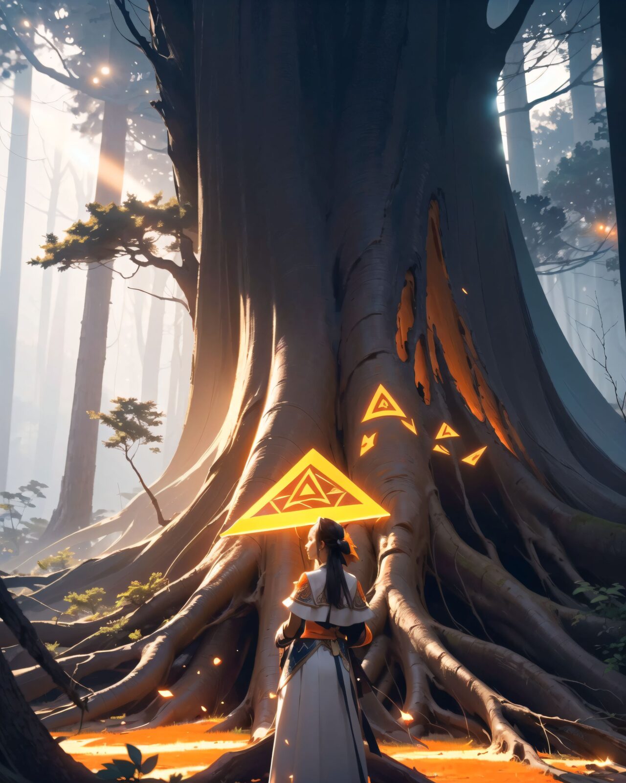 (the best, the highest quality), a scene from a film, an elf girl adventurer with silver hair and emerald green eyes is in the deep forest. She is standing with her back to us.
((Behind her is a huge ancient tree, and on its roots, a magical circle of mysterious rune characters can be seen shining with orange light):1.8),
The forest is shrouded in mist, and particles that emit a mysterious light are floating in the air. Soft moonlight filters through the dense treetops, casting an eerie yet captivating glow. Her back is suggestive of curiosity and a hint of unease.
8K, super-high definition, intricate patterns, cinematic composition, photorealistic fantasy art, soft atmospheric lighting.