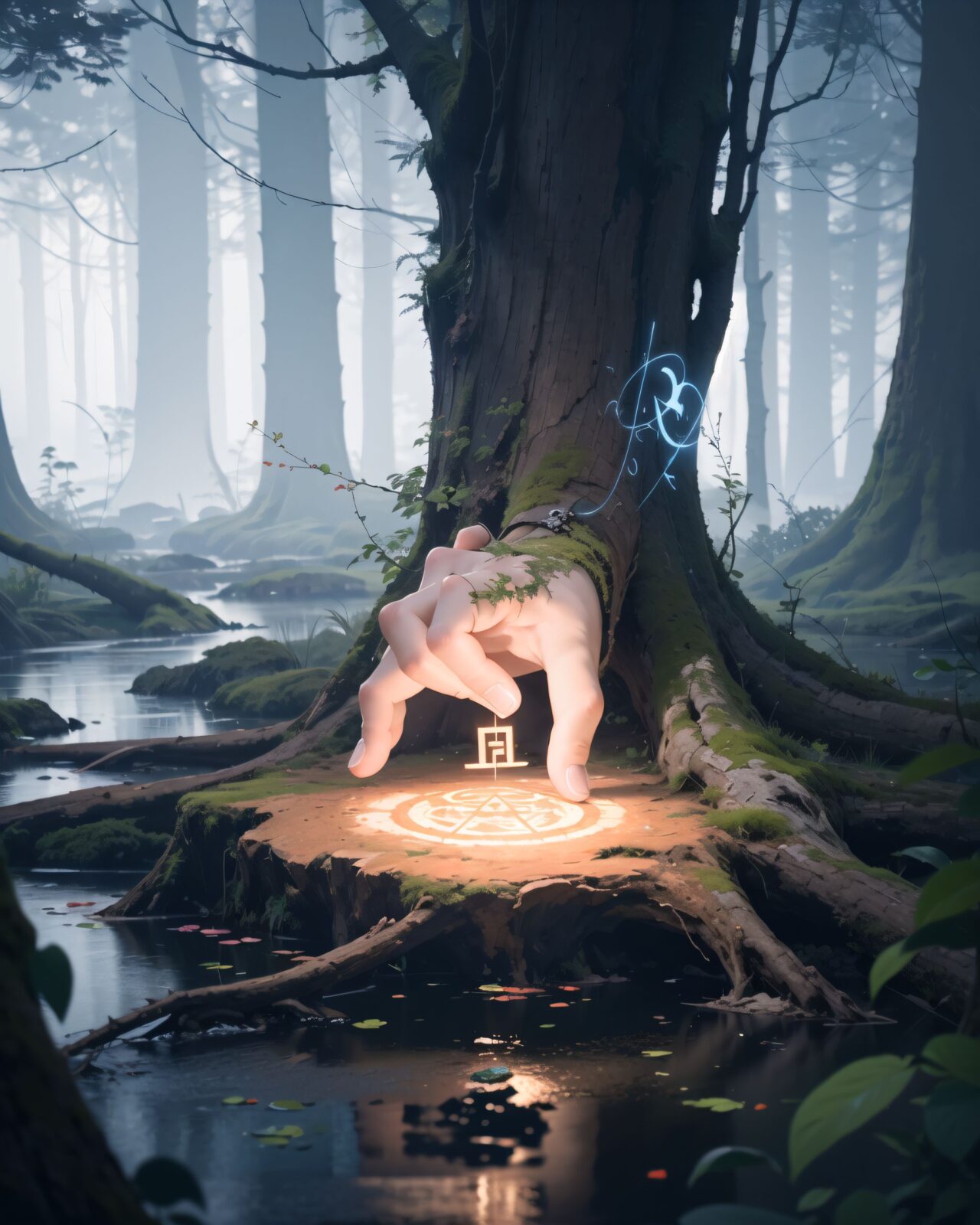 (Masterpiece:1.1), (top quality:1.1), a close-up shot of the delicate hands of a young elf adventurer. Her fingertips gently touch the ancient rune characters carved into the roots of a giant tree. A mysterious mist swirls faintly in the background, creating a mystical atmosphere. The rune characters look as if they are alive, and seem to be pulsating rhythmically in response to her touch.
8K, super-high definition, photorealistic, sharp focus, soft light, mysterious fantasy atmosphere. ".