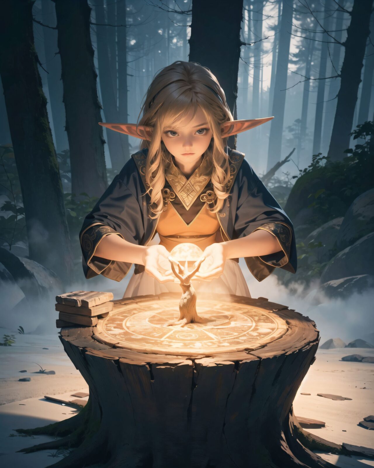 (Masterpiece, top quality), a girl who is an elf adventurer is gently touching the ancient rune characters carved into the roots of a giant tree.
The magic circle is shining orange.
She is illuminated by the glow of the magic circle.
A mysterious atmosphere is created by the ethereal mist swirling faintly in the background.
8K, super-fine detail, realistic, sharp focus, soft light, mysterious fantasy atmosphere.