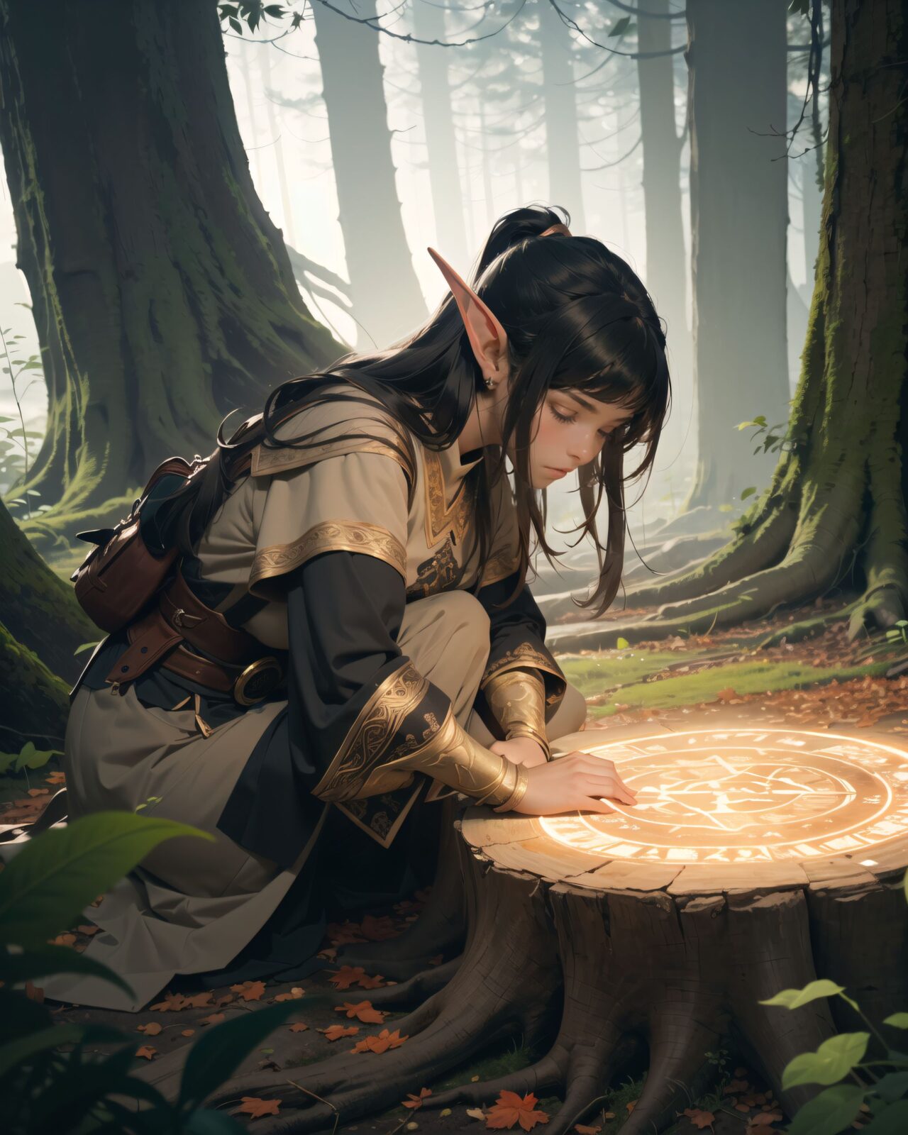 (Masterpiece, top quality),
close-up shot,
a girl who is an elf adventurer is gently touching the ancient rune characters carved into the roots of a giant tree.
The magic circle is shining orange.
She is illuminated by the glow of the magic circle.
A mysterious atmosphere is created by the ethereal mist swirling faintly in the background.
8K, super-fine detail, realistic, sharp focus, soft light, mysterious fantasy atmosphere.