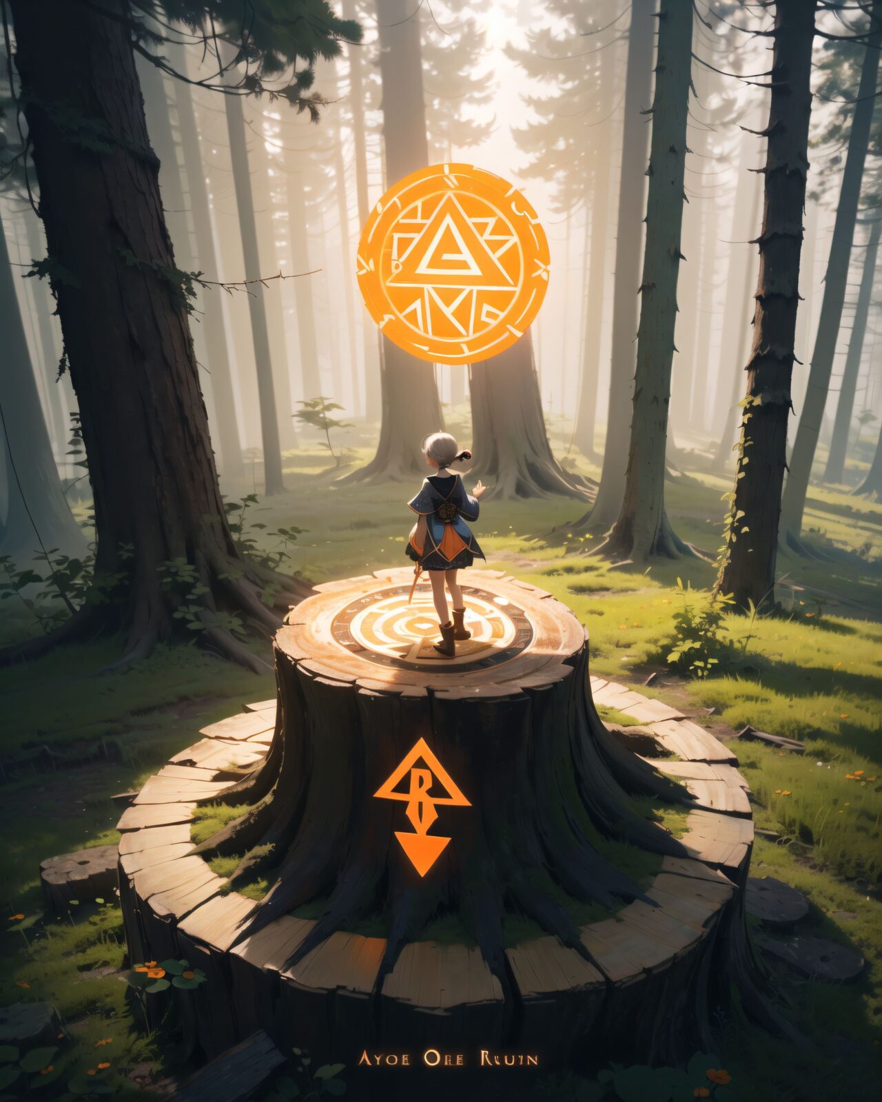 (The highest, highest quality), a scene from a film, an elf girl adventurer with silver hair and emerald green eyes is standing with her back to us in the deep forest. She is standing with her back to us.
(In the background of her, we can see a tree stump about 1 metre high.
On top of the stump, we can see a magical circle of mysterious rune characters emitting an orange light: 1.8),
the forest is shrouded in mist, and mysterious glowing particles float in the air. Soft moonlight filters through the treetops, casting an eerie yet captivating glow. Curiosity and a hint of unease can be felt from her back.
8K, super high definition, intricate patterns, cinematic composition, photorealistic fantasy art, soft atmospheric lighting.