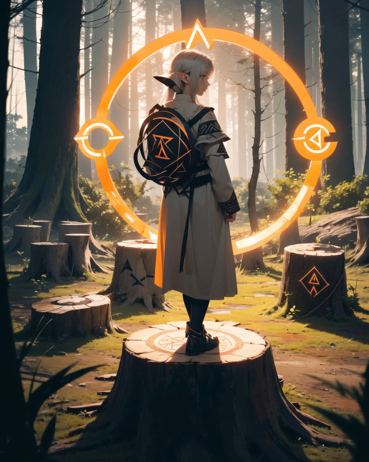 (The highest, highest quality), a scene from a film, an elf girl adventurer with silver hair and emerald green eyes is standing with her back to us in the deep forest. She is standing with her back to us among the trees of the forest.
(We can see a tree stump 10 metres behind her.
On the stump, a magical circle of mysterious rune characters is emitting an orange light: 1.8),
the forest is shrouded in mist, and mysterious glowing particles float in the air. Soft moonlight filters through the treetops, casting an eerie yet captivating glow. Curiosity and a hint of unease can be felt from her back.
8K, super high definition, intricate patterns, cinematic composition, photorealistic fantasy art, soft atmospheric lighting.