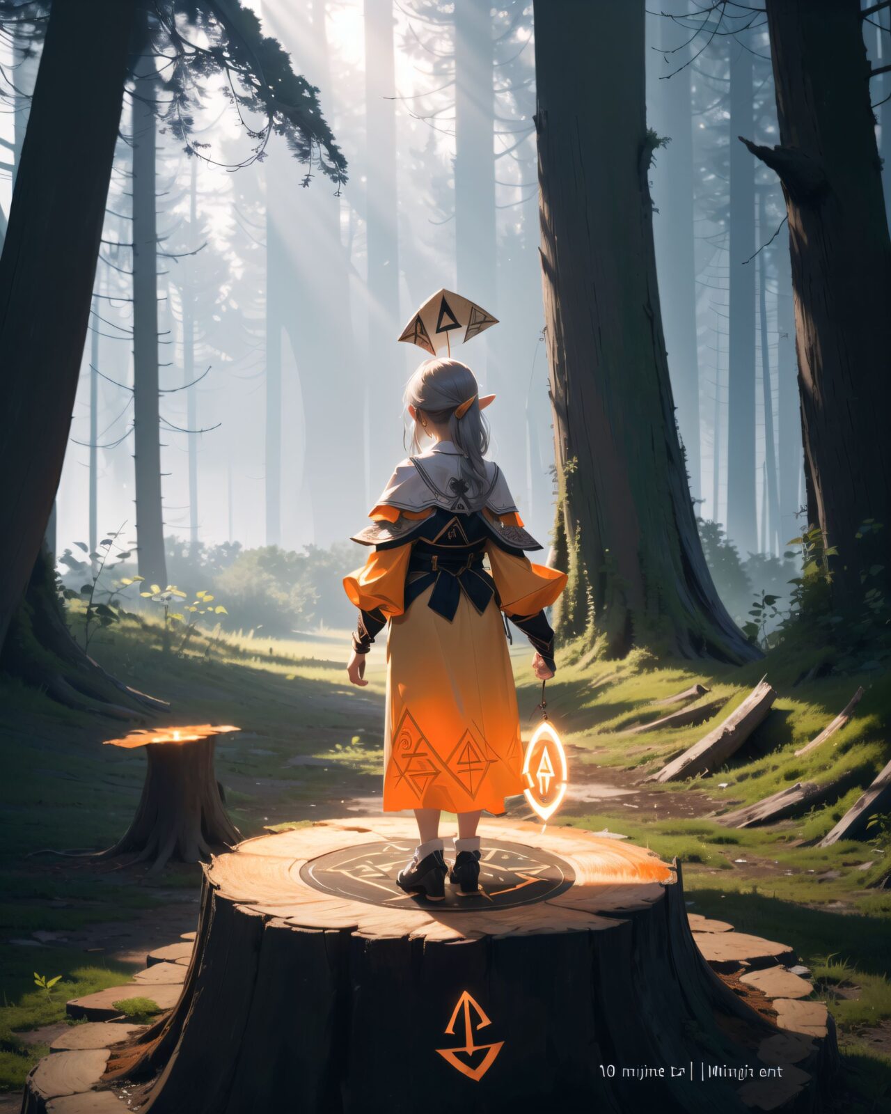 (The highest, highest quality), a scene from a film, an elf girl adventurer with silver hair and emerald green eyes is standing with her back to us in the deep forest. She is standing with her back to us among the trees of the forest.
(We can see a tree stump 10 metres behind her.
On the stump, a magical circle of mysterious rune characters is emitting an orange light: 1.8),
the forest is shrouded in mist, and mysterious glowing particles float in the air. Soft moonlight filters through the treetops, casting an eerie yet captivating glow. Curiosity and a hint of unease can be felt from her back.
8K, super high definition, intricate patterns, cinematic composition, photorealistic fantasy art, soft atmospheric lighting.