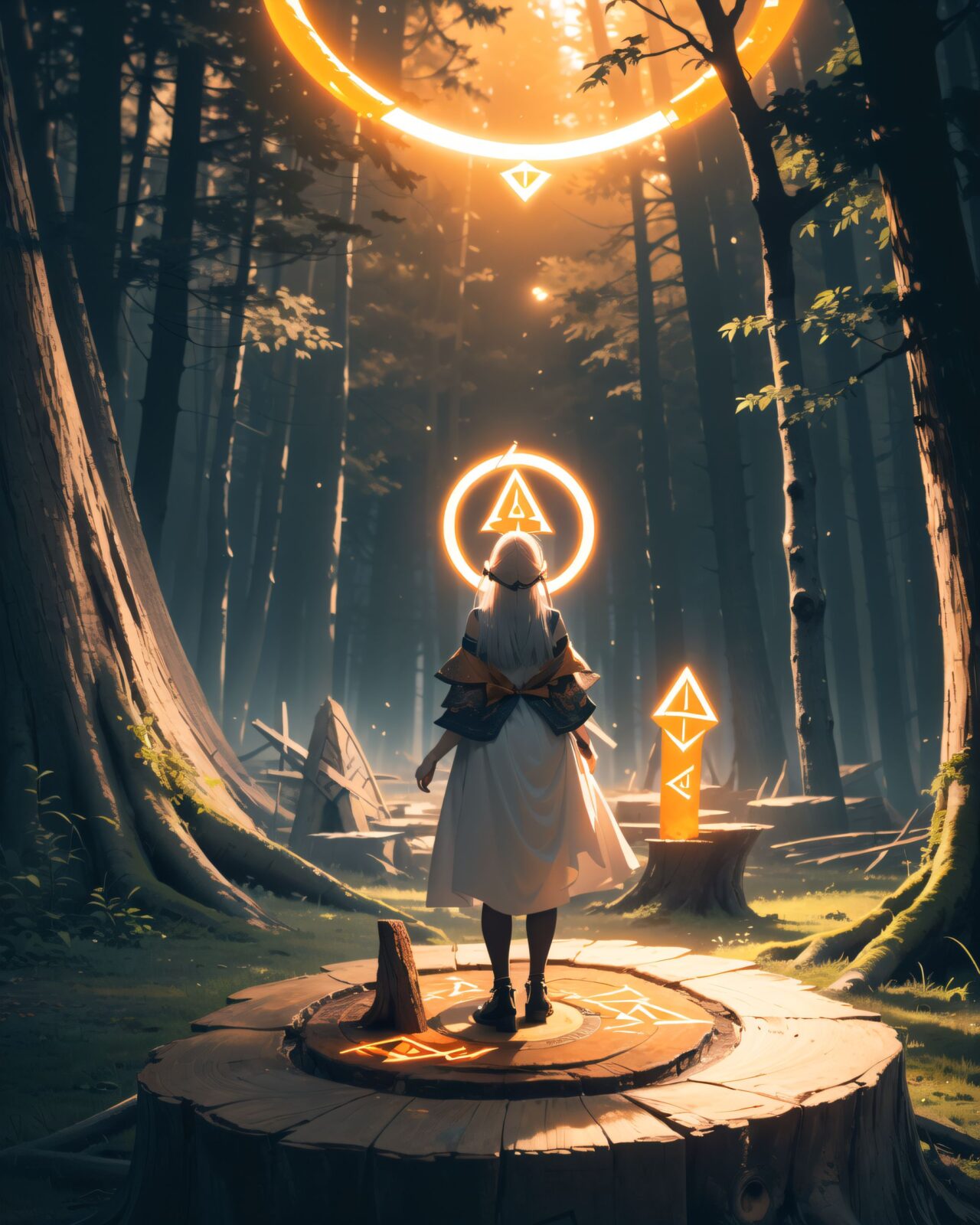 (The highest, highest quality), a scene from a film, an elf girl adventurer with silver hair and emerald green eyes is standing with her back to us in the deep forest. She is standing with her back to us among the trees of the forest.
(We can see a tree stump 10 metres behind her.
On the stump, a magical circle of mysterious rune characters is emitting an orange light: 1.8),
the forest is shrouded in mist, and mysterious glowing particles float in the air. Soft moonlight filters through the treetops, casting an eerie yet captivating glow. Curiosity and a hint of unease can be felt from her back.
8K, super high definition, intricate patterns, cinematic composition, photorealistic fantasy art, soft atmospheric lighting.