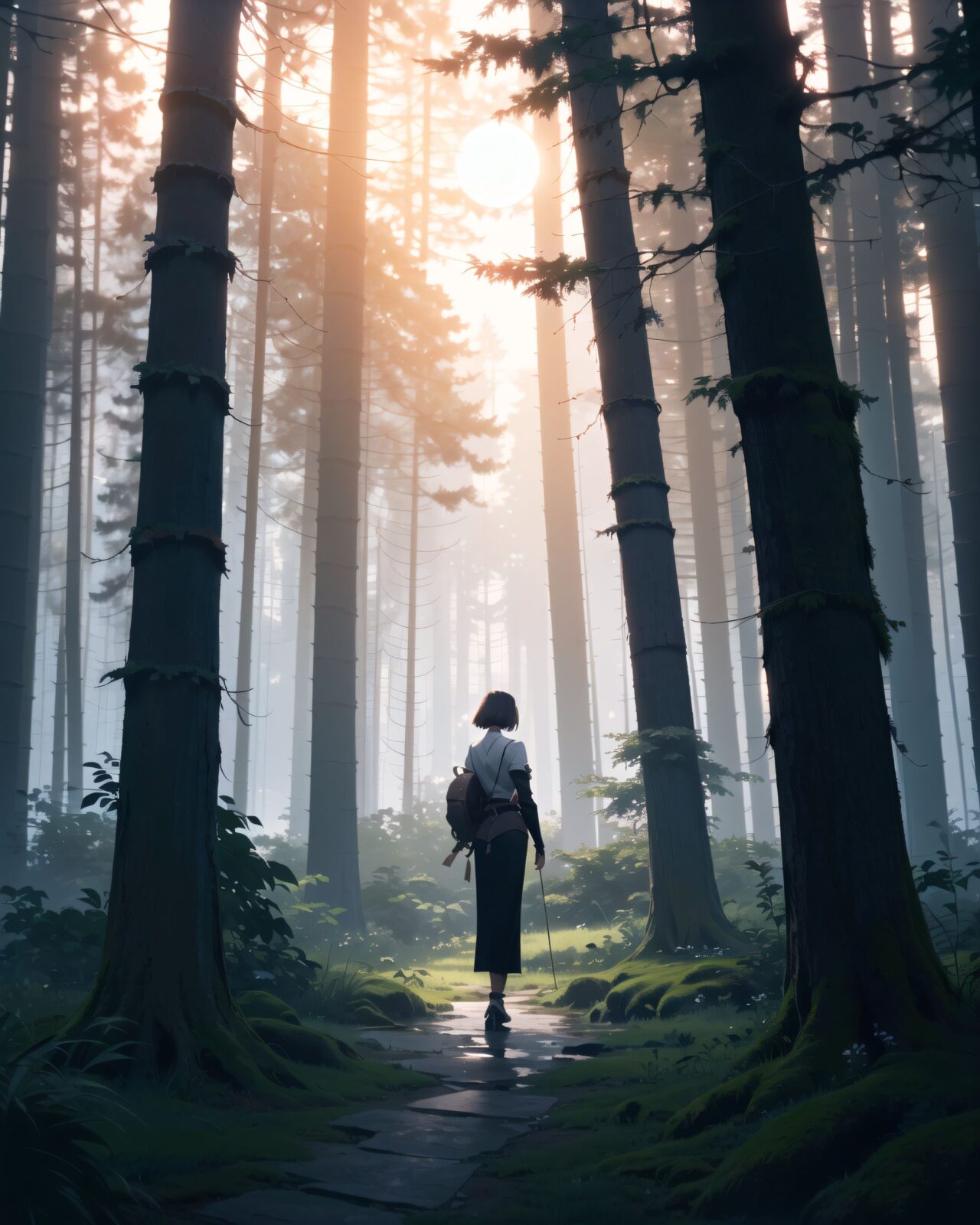 (The highest, highest quality),
a scene from a film, an elf girl adventurer with silver hair and emerald green eyes is standing with her back to us in the deep forest.
((She is standing with her back to us among the trees of the forest):1.8),
(In the forest behind her, there is a magical circle of mysterious rune characters emitting an orange light on a tree stump: 1.5),
the forest is shrouded in mist, and mysterious glowing particles float in the air. Soft moonlight filters through the treetops, casting an eerie yet captivating glow. Curiosity and a hint of unease can be felt from her back.
8K, super high definition, intricate patterns, cinematic composition, photorealistic fantasy art, soft atmospheric lighting.