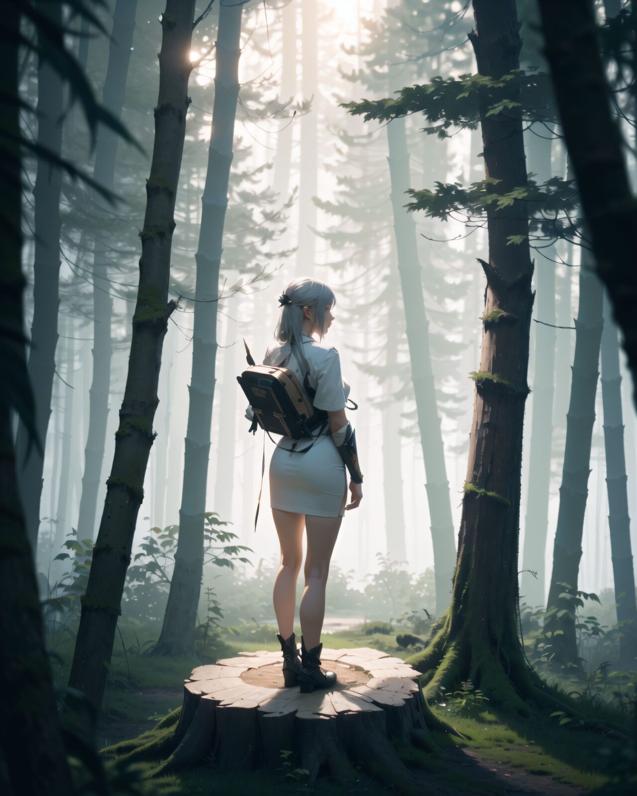 (The highest, highest quality),
a scene from a film, an elf girl adventurer with silver hair and emerald green eyes is standing with her back to us in the deep forest.
((She is standing with her back to us among the trees of the forest):1.8),
(In the forest behind her, there is a magical circle of mysterious rune characters emitting an orange light on a tree stump: 1.5),
the forest is shrouded in mist, and mysterious glowing particles float in the air. Soft moonlight filters through the treetops, casting an eerie yet captivating glow. Curiosity and a hint of unease can be felt from her back.
8K, super high definition, intricate patterns, cinematic composition, photorealistic fantasy art, soft atmospheric lighting.