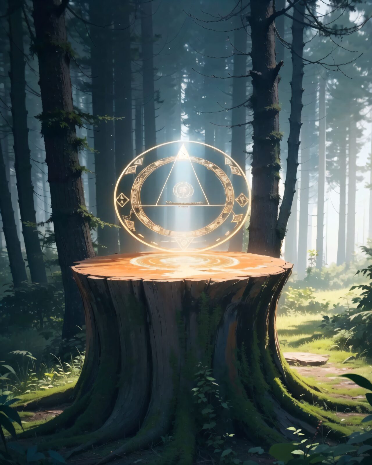 There is a stump in the back of the forest with a magic circle painted on it that is emitting an orange light
There is a stump in the back of the forest with a magic circle painted on it that is emitting an orange light.