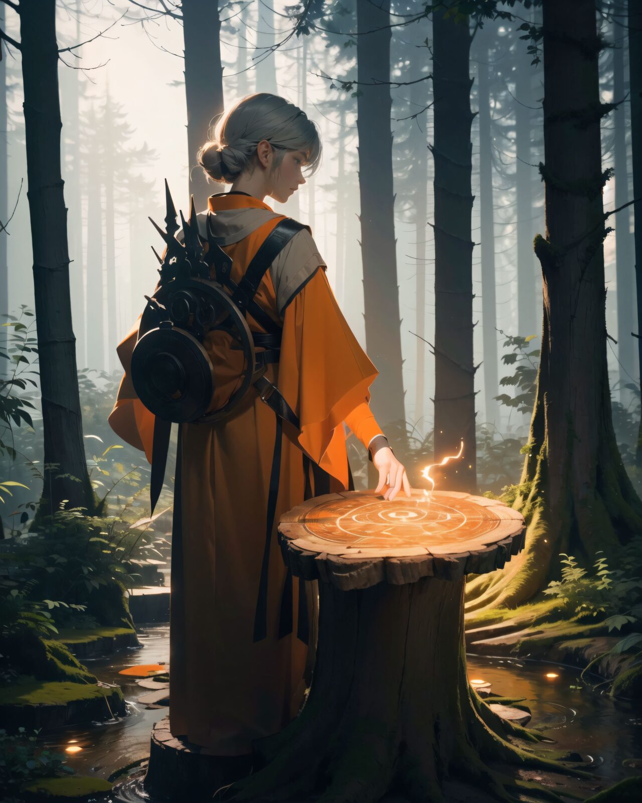 There is a stump in the back of the forest with a magic circle painted on it that is emitting an orange light
There is a stump in the back of the forest with a magic circle painted on it that is emitting an orange light.
BLAKE
(The best, the highest quality), a scene from a film, an elf girl adventurer with silver hair and emerald green eyes is standing with her back to us in the deep forest. She is standing with her back to us among the trees of the forest.
(There is a stump in the back of the forest with a magic circle painted on it that is emitting an orange light: 1.8),
the forest is shrouded in mist, and mysterious glowing particles float in the air. Soft moonlight filters through the treetops, casting an eerie yet captivating glow. Curiosity and a hint of unease can be felt from her back.
8K, super high definition, intricate patterns, cinematic composition, photorealistic fantasy art, soft atmospheric lighting.