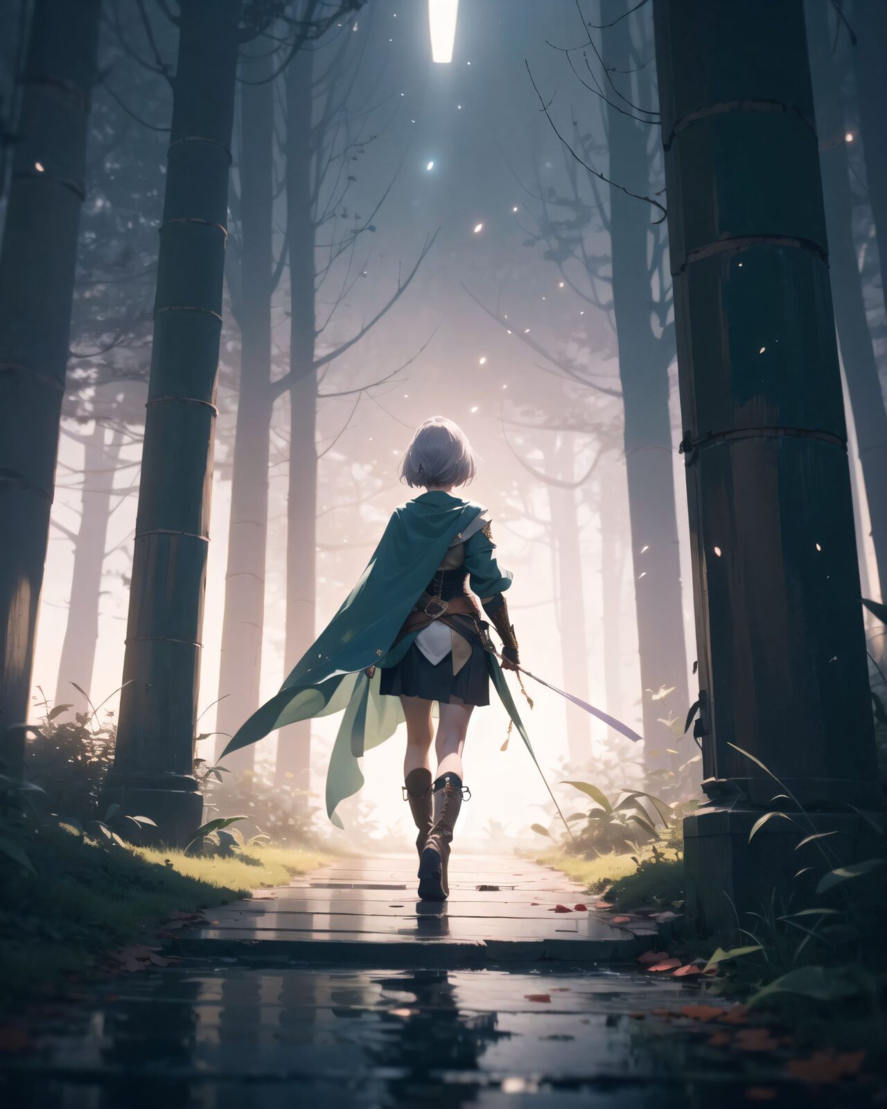 (The dark night shadow of a small girl in the background),
(Distant view shot),
An elven girl with silver short hair steps out of a glowing mist into an otherworldly temple space, wearing a forest-green tunic with gold embroidery, brown leather corset, dark green cape, and knee-high leather boots. The air is filled with magical dust, the sky above is pale purple with floating particles. She looks surprised yet alert, cinematic fantasy style, atmospheric lighting.