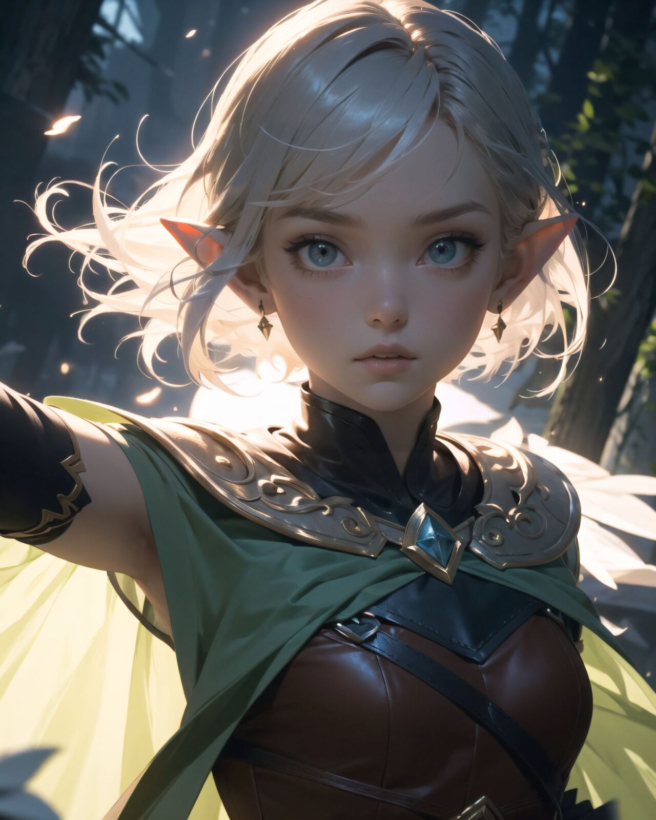 (The dark night shadow of a small girl in the background),
(face close-up shot),
An elven girl with silver short hair steps out of a glowing mist into an otherworldly temple space, wearing a forest-green tunic with gold embroidery, brown leather corset, dark green cape, and knee-high leather boots. The air is filled with magical dust, the sky above is pale purple with floating particles. She looks surprised yet alert, cinematic fantasy style, atmospheric lighting.