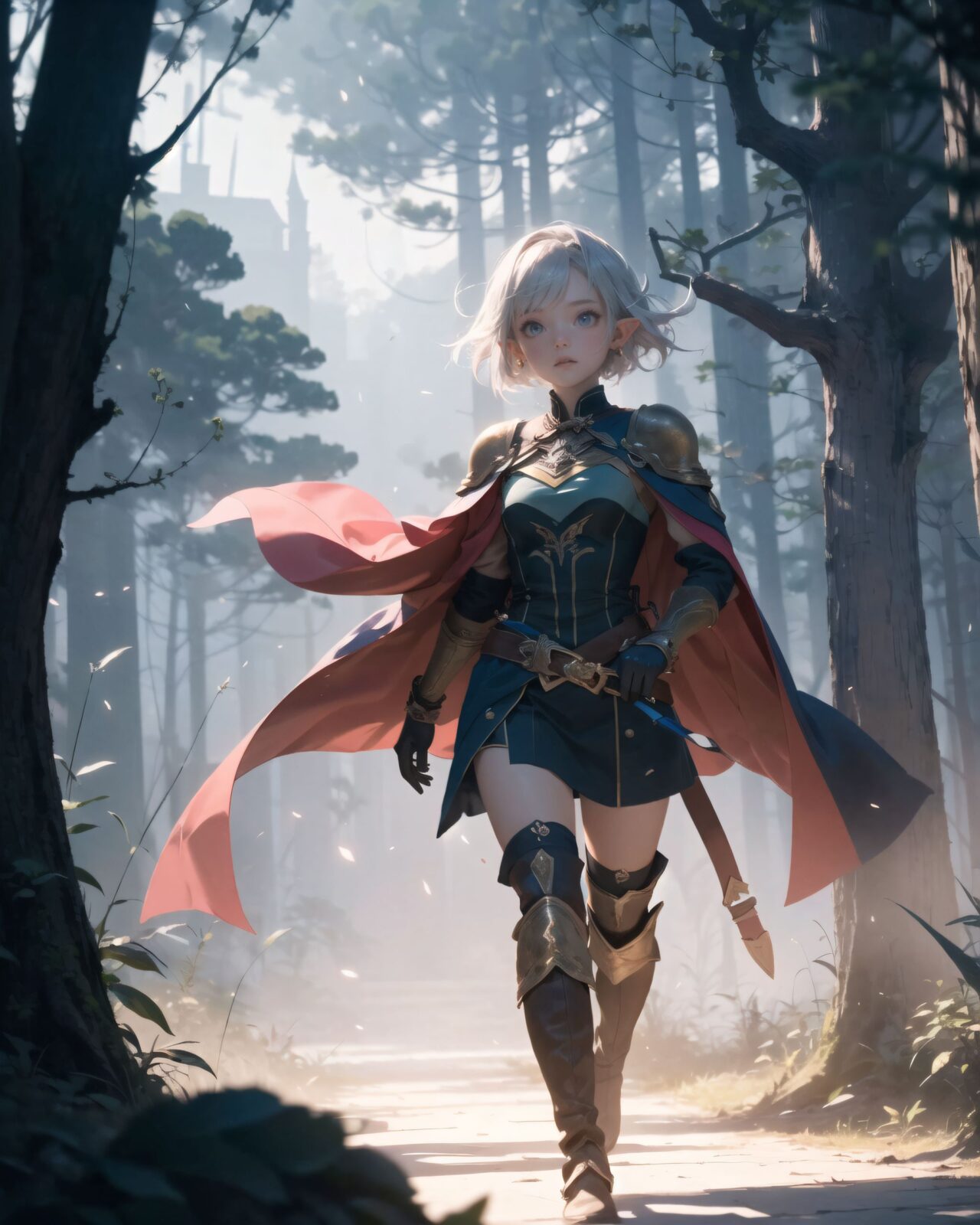 (The dark night shadow of a small girl in the background),
(no wearing shot),
An elven girl with silver short hair steps out of a glowing mist into an otherworldly temple space, wearing a forest-green tunic with gold embroidery, brown leather corset, dark green cape, and knee-high leather boots. The air is filled with magical dust, the sky above is pale purple with floating particles. She looks surprised yet alert, cinematic fantasy style, atmospheric lighting.