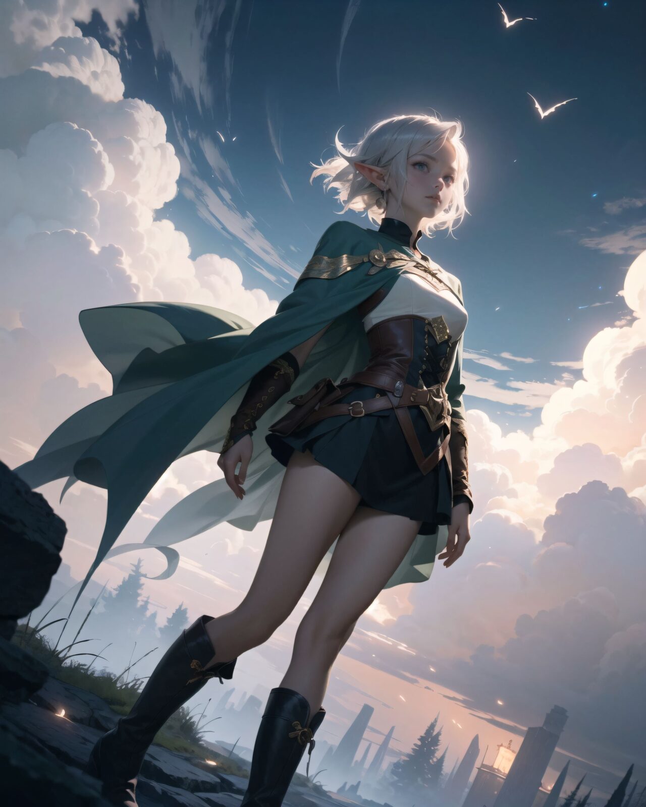 (The dark night shadows in the background of the girl seemed to reflect the darkness of her heart),
darkness, anxiety, fear, horror, doubt,
black clouds, thunderclouds, faint light, moonlight, dark forest at night,
(dynamic angle shot),
An elven girl with silver short hair steps out of a glowing mist into an otherworldly temple space, wearing a forest-green tunic with gold embroidery, brown leather corset, dark green cape, and knee-high leather boots. The air is filled with magical dust, the sky above is pale purple with floating particles. She looks surprised yet alert, cinematic fantasy style, atmospheric lighting.