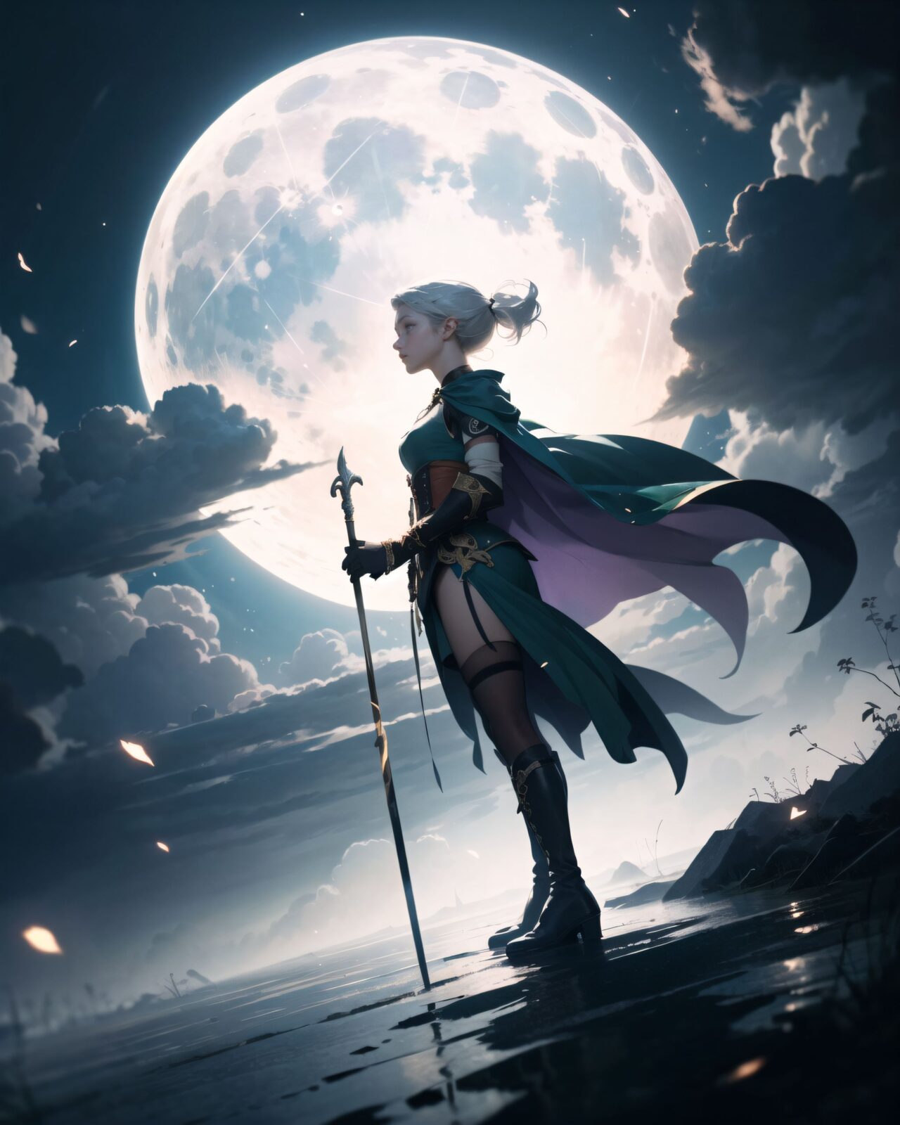 (The dark night shadows in the background of the girl seemed to reflect the darkness of her heart),
darkness, anxiety, fear, horror, doubt,
black clouds, thunderclouds, faint light, moonlight, dark forest at night,
(intense angle shot),
An elven girl with silver short hair steps out of a glowing mist into an otherworldly temple space, wearing a forest-green tunic with gold embroidery, brown leather corset, dark green cape, and knee-high leather boots. The air is filled with magical dust, the sky above is pale purple with floating particles. She looks surprised yet alert, cinematic fantasy style, atmospheric lighting.