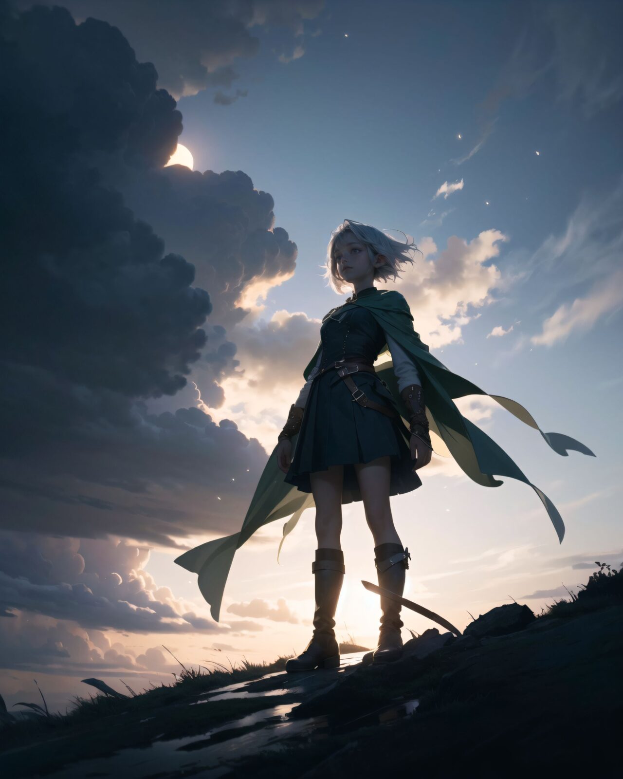 (masterpiece:1.5),(best quality:1.5),(super quality:1.5),(ultra detailed:1.5),(extremely detailed skin:1.5),high-resolution,Raw Photo,4k,8k,
child,(12yo:1.5),
An elven girl with silver short hair steps out of a glowing mist into an otherworldly temple space, wearing a forest-green tunic with gold embroidery, brown leather corset, dark green cape, and knee-high leather boots. The air is filled with magical dust, the sky above is pale purple with floating particles. She looks surprised yet alert, cinematic fantasy style, atmospheric lighting,
(The dark night shadows in the background of the girl seemed to reflect the darkness of her heart),
darkness, anxiety, fear, horror, doubt,
black clouds, thunderclouds, faint light, moonlight, dark forest at night,
(shot showing a small person in a scene setting),