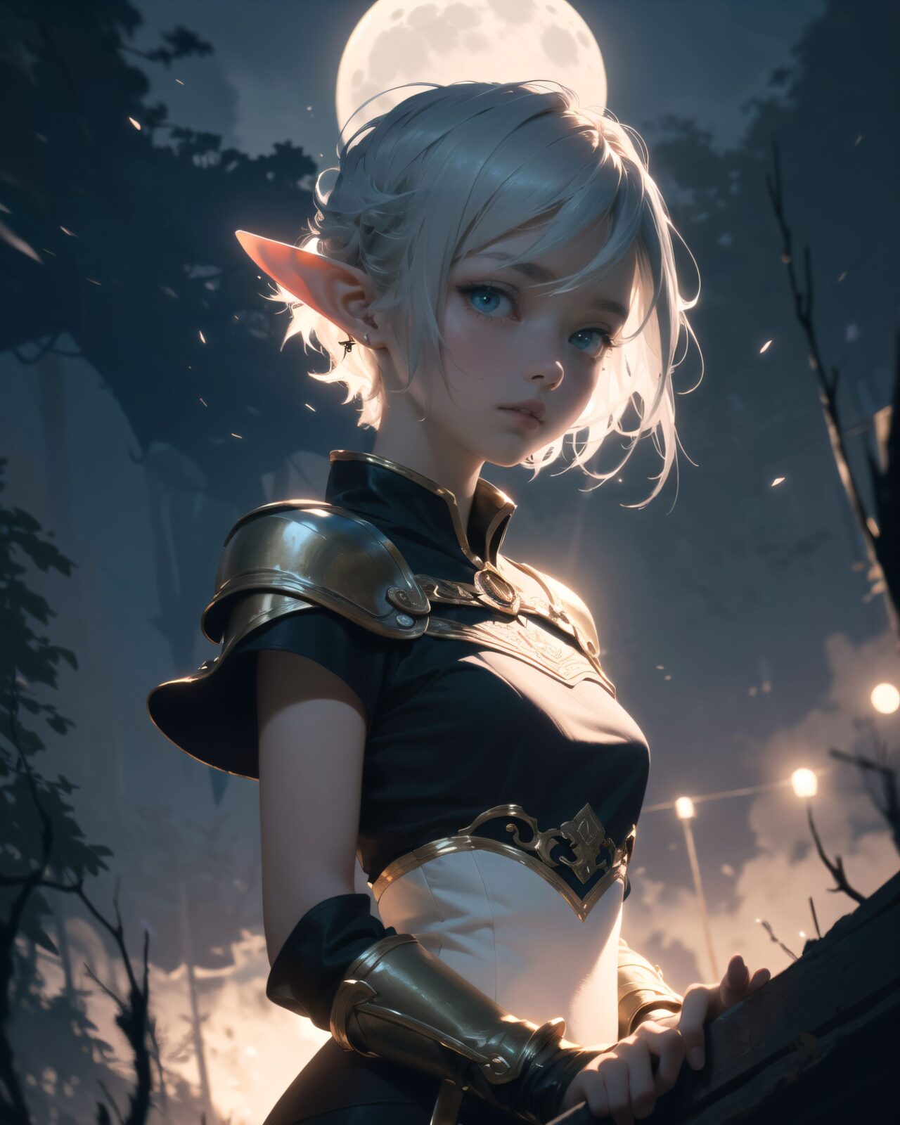 (masterpiece:1.5),(best quality:1.5),(super quality:1.5),(ultra detailed:1.5),(extremely detailed skin:1.5),high-resolution,Raw Photo,4k,8k,
child,(12yo:1.5),
An elven girl with silver short hair steps out of a glowing mist into an otherworldly temple space, wearing a forest-green tunic with gold embroidery, brown leather corset, dark green cape, and knee-high leather boots. The air is filled with magical dust, the sky above is pale purple with floating particles. She looks surprised yet alert, cinematic fantasy style, atmospheric lighting,
(The dark night shadows in the background of the girl seemed to reflect the darkness of her heart),
darkness, anxiety, fear, horror, doubt,
black clouds, thunderclouds, faint light, moonlight, dark forest at night,
(upper body shot),