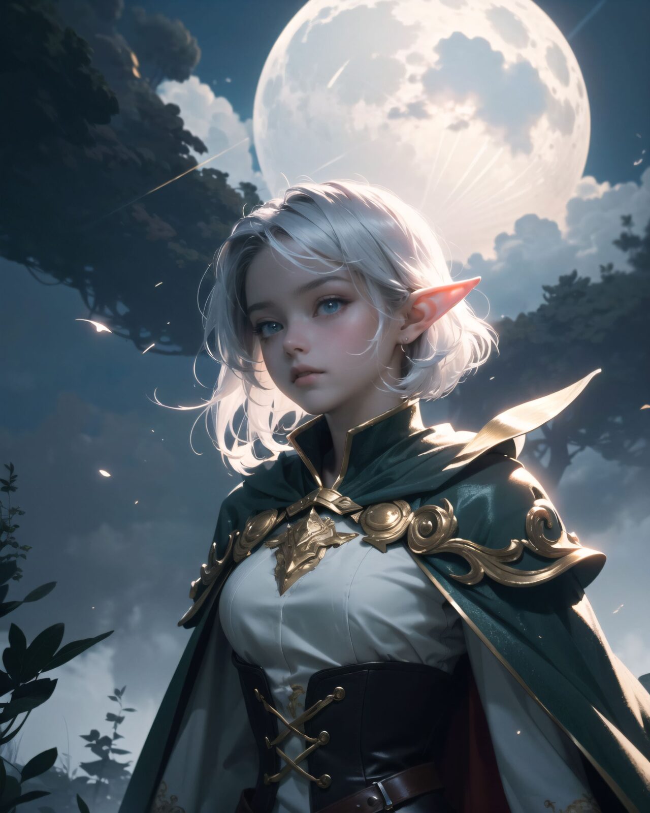 (masterpiece:1.5),(best quality:1.5),(super quality:1.5),(ultra detailed:1.5),(extremely detailed skin:1.5),high-resolution,Raw Photo,4k,8k,
child,(12yo:1.5),
insanely-detailed, ultra-high resolution, every detail is reproduced clearly, from the individual strands of hair to the intricate weave of the costume.
The vivid contrast of the professional-quality image brings the vivid colors to life.
An elven girl with silver short hair steps out of a glowing mist into an otherworldly temple space, wearing a forest-green tunic with gold embroidery, brown leather corset, dark green cape, and knee-high leather boots. The air is filled with magical dust, the sky above is pale purple with floating particles. She looks surprised yet alert, cinematic fantasy style, atmospheric lighting,
(The dark night shadows in the background of the girl seemed to reflect the darkness of her heart),
darkness, anxiety, fear, horror, doubt,
black clouds, thunderclouds, faint light, moonlight, dark forest at night,
(upper body shot),