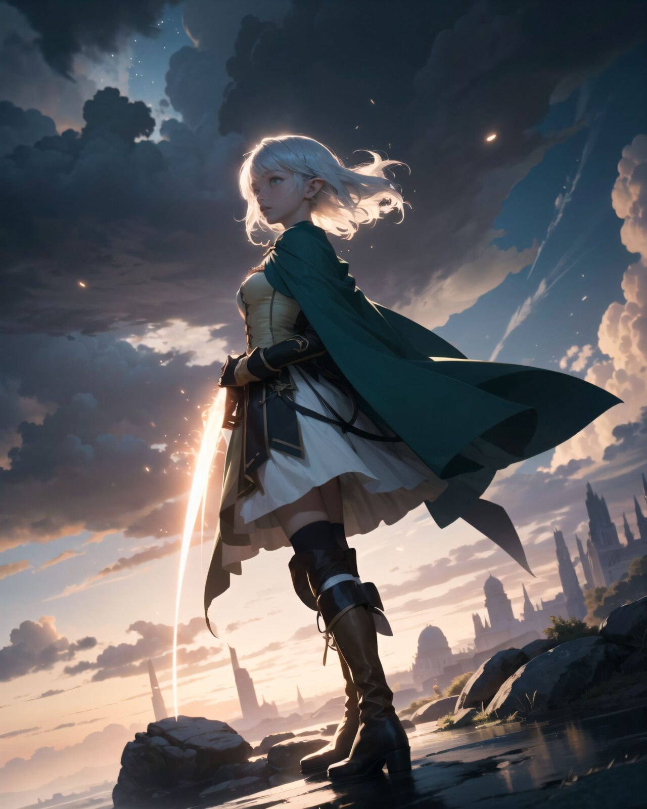 darkness, anxiety, fear, horror, doubt, black clouds, thunderclouds, faint light, moonlight, dark forest at night, glowing, short hair with long locks, corset, outdoors, cloudy sky, floating hair, witch (madoka magica), white dress, grey eyes, green tunic, nature, tree, capelet, walking, rock, forest, light rays, night, full body, glowing eyes, boots, cloud, sidelocks, green capelet, sunbeam, wind, sky, sunlight, knee pads,
insanely-detailed, ultra-high resolution, every detail is reproduced clearly, from the individual strands of hair to the intricate weave of the costume. The vivid contrast of the professional-quality image brings the vivid colors to life. An elven girl with silver short hair steps out of a glowing mist into an otherworldly temple space, wearing a forest-green tunic with gold embroidery, brown leather corset, dark green cape, and knee-high leather boots. The air is filled with magical dust, the sky above is pale purple with floating particles. She looks surprised yet alert, cinematic fantasy style, atmospheric lighting
(shot mainly depicting the background:1.1), but it's detailed enough to show the surrounding environment and other characters from the series. The overall composition captures a moment of intense focus and magic within an enchanting setting.
(powerful angle shot),