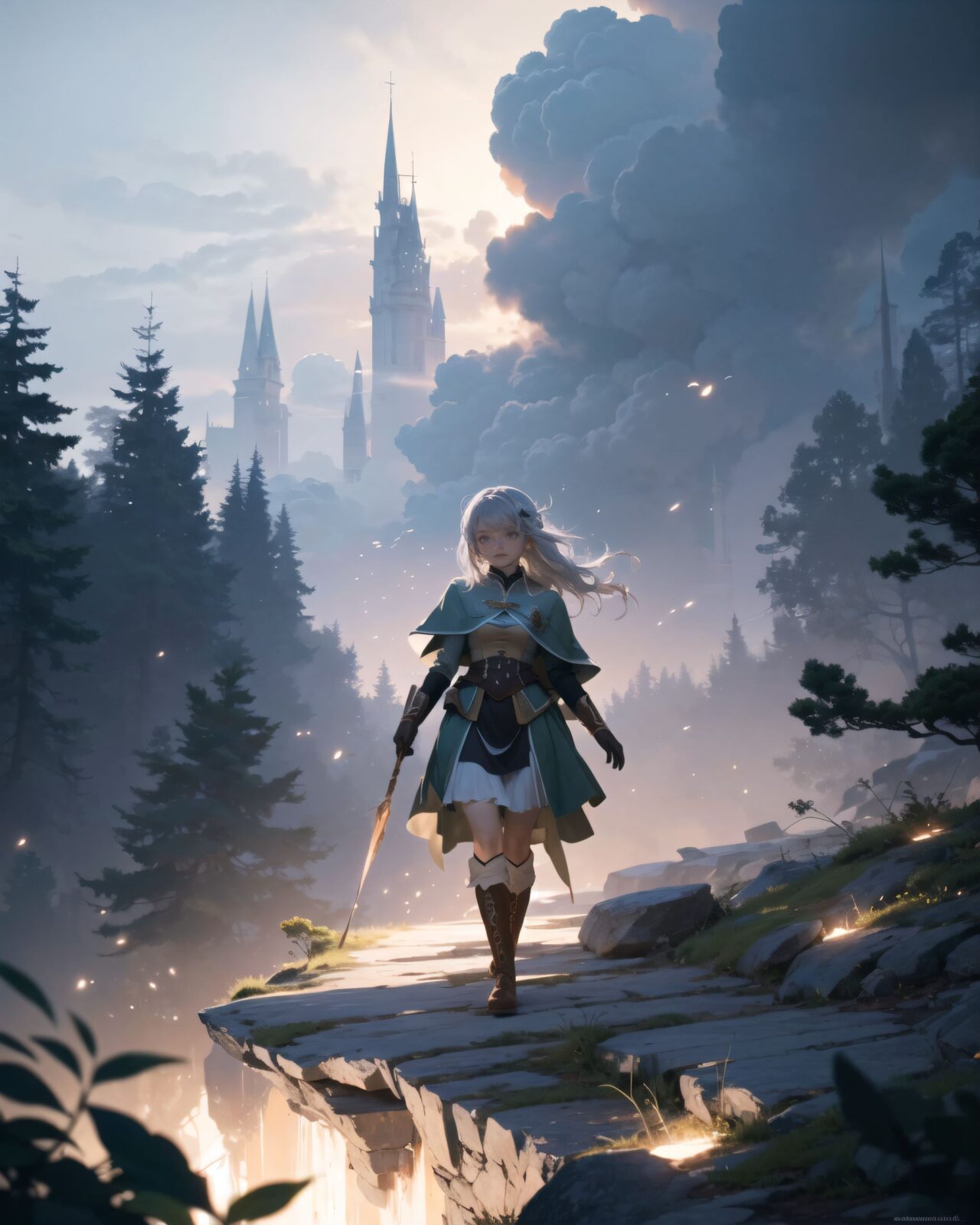 darkness, anxiety, fear, horror, doubt, black clouds, thunderclouds, faint light, moonlight, dark forest at night, glowing, short hair with long locks, corset, outdoors, cloudy sky, floating hair, witch (madoka magica), white dress, grey eyes, green tunic, nature, tree, capelet, walking, rock, forest, light rays, night, full body, glowing eyes, boots, cloud, sidelocks, green capelet, sunbeam, wind, sky, sunlight, knee pads,
insanely-detailed, ultra-high resolution, every detail is reproduced clearly, from the individual strands of hair to the intricate weave of the costume. The vivid contrast of the professional-quality image brings the vivid colors to life. An elven girl with silver short hair steps out of a glowing mist into an otherworldly temple space, wearing a forest-green tunic with gold embroidery, brown leather corset, dark green cape, and knee-high leather boots. The air is filled with magical dust, the sky above is pale purple with floating particles. She looks surprised yet alert, cinematic fantasy style, atmospheric lighting
(shot mainly depicting the background:1.1), but it's detailed enough to show the surrounding environment and other characters from the series. The overall composition captures a moment of intense focus and magic within an enchanting setting.
(overhead shot),