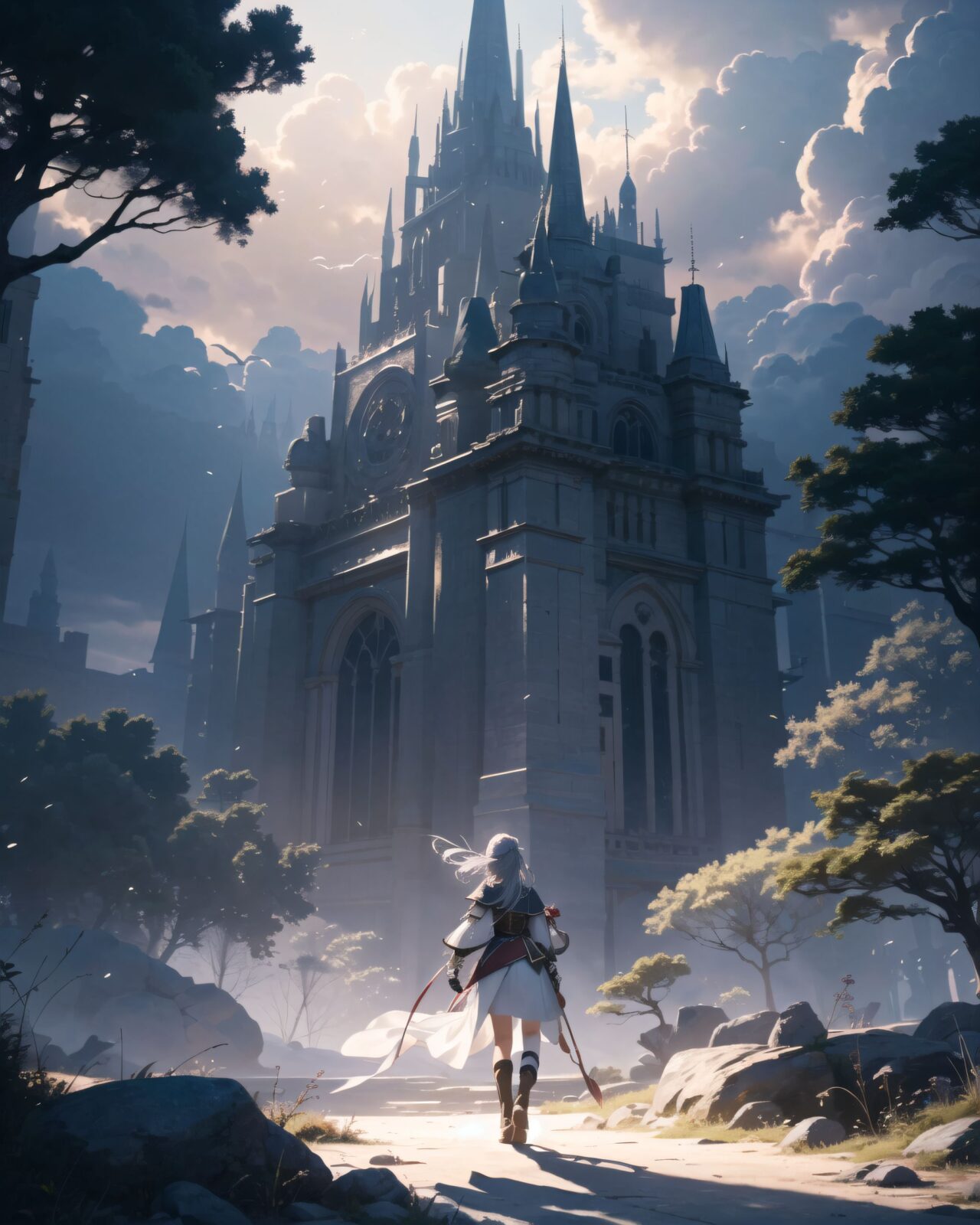 darkness, anxiety, fear, horror, doubt, black clouds, thunderclouds, faint light, moonlight, dark forest at night, glowing, short hair with long locks, corset, outdoors, cloudy sky, floating hair, witch (madoka magica), white dress, grey eyes, green tunic, nature, tree, capelet, walking, rock, forest, light rays, night, full body, glowing eyes, boots, cloud, sidelocks, green capelet, sunbeam, wind, sky, sunlight, knee pads,
insanely-detailed, ultra-high resolution, every detail is reproduced clearly, from the individual strands of hair to the intricate weave of the costume. The vivid contrast of the professional-quality image brings the vivid colors to life. An elven girl with silver short hair steps out of a glowing mist into an otherworldly temple space, wearing a forest-green tunic with gold embroidery, brown leather corset, dark green cape, and knee-high leather boots. The air is filled with magical dust, the sky above is pale purple with floating particles. She looks surprised yet alert, cinematic fantasy style, atmospheric lighting
(shot mainly depicting the background:1.1), but it's detailed enough to show the surrounding environment and other characters from the series. The overall composition captures a moment of intense focus and magic within an enchanting setting.
(shot of back),