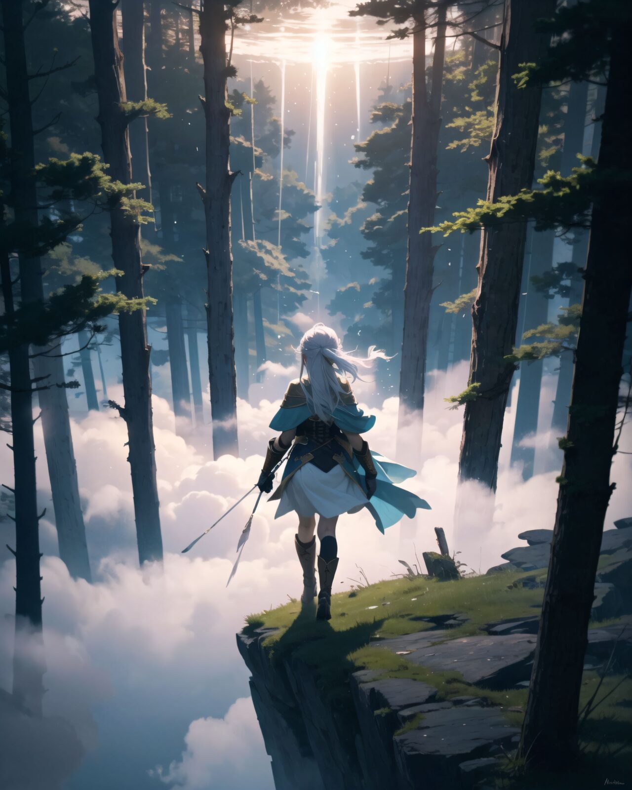 (darkness, anxiety, fear, horror, doubt, black clouds, thunderclouds, faint light, moonlight, dark forest at night, ):1.5,
glowing, short hair with long locks, corset, outdoors, cloudy sky, floating hair, witch (madoka magica), white dress, grey eyes, green tunic, nature, tree, capelet, walking, rock, forest, light rays, night, full body, glowing eyes, boots, cloud, sidelocks, green capelet, sunbeam, wind, sky, sunlight, knee pads,
insanely-detailed, ultra-high resolution, every detail is reproduced clearly, from the individual strands of hair to the intricate weave of the costume. The vivid contrast of the professional-quality image brings the vivid colors to life. An elven girl with silver short hair steps out of a glowing mist into an otherworldly temple space, wearing a forest-green tunic with gold embroidery, brown leather corset, dark green cape, and knee-high leather boots. The air is filled with magical dust, the sky above is pale purple with floating particles. She looks surprised yet alert, cinematic fantasy style, atmospheric lighting
(shot mainly depicting the background:1.1), but it's detailed enough to show the surrounding environment and other characters from the series. The overall composition captures a moment of intense focus and magic within an enchanting setting.
(overhead shot),