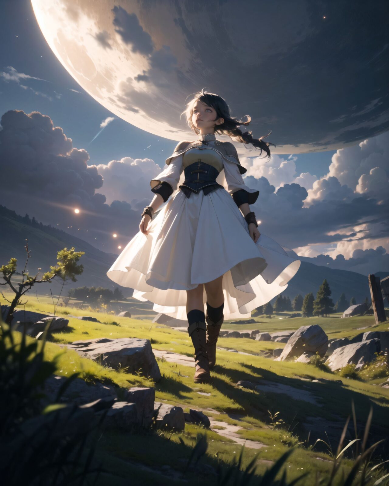 A young elf girl standing before a glowing floating magic circle, her emerald eyes fixed on it with a cautious expression. The ancient circle emits soft golden light, carved runes float midair. The surroundings are silent ruins bathed in mystical energy. Cinematic low-angle shot, soft ambient light.
(darkness, anxiety, fear, horror, doubt, black clouds, thunderclouds, faint light, moonlight, dark forest at night, ):1.5,
glowing, short hair with long locks, corset, outdoors, cloudy sky, floating hair, witch (madoka magica), white dress, grey eyes, green tunic, nature, tree, capelet, walking, rock, forest, light rays, night, full body, glowing eyes, boots, cloud, sidelocks, green capelet, sunbeam, wind, sky, sunlight, knee pads,
(shot mainly depicting the background:1.1), but it's detailed enough to show the surrounding environment and other characters from the series. The overall composition captures a moment of intense focus and magic within an enchanting setting.
(close-up of face),