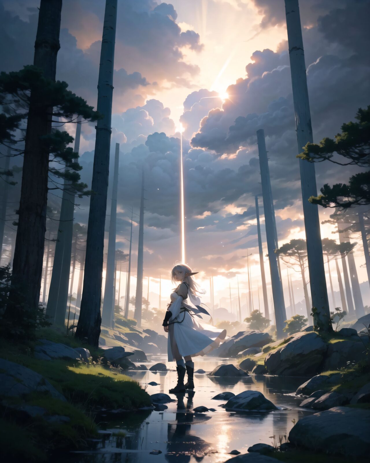 A young elf girl standing before a glowing floating magic circle, her emerald eyes fixed on it with a cautious expression. The ancient circle emits soft golden light, carved runes float midair. The surroundings are silent ruins bathed in mystical energy. Cinematic low-angle shot, soft ambient light.
(darkness, anxiety, fear, horror, doubt, black clouds, thunderclouds, faint light, moonlight, dark forest at night, ):1.5,
glowing, short hair with long locks, corset, outdoors, cloudy sky, floating hair, witch (madoka magica), white dress, grey eyes, green tunic, nature, tree, capelet, walking, rock, forest, light rays, night, full body, glowing eyes, boots, cloud, sidelocks, green capelet, sunbeam, wind, sky, sunlight, knee pads,
(shot mainly depicting the background:1.1), but it's detailed enough to show the surrounding environment and other characters from the series. The overall composition captures a moment of intense focus and magic within an enchanting setting.
(dynamic angle shot),