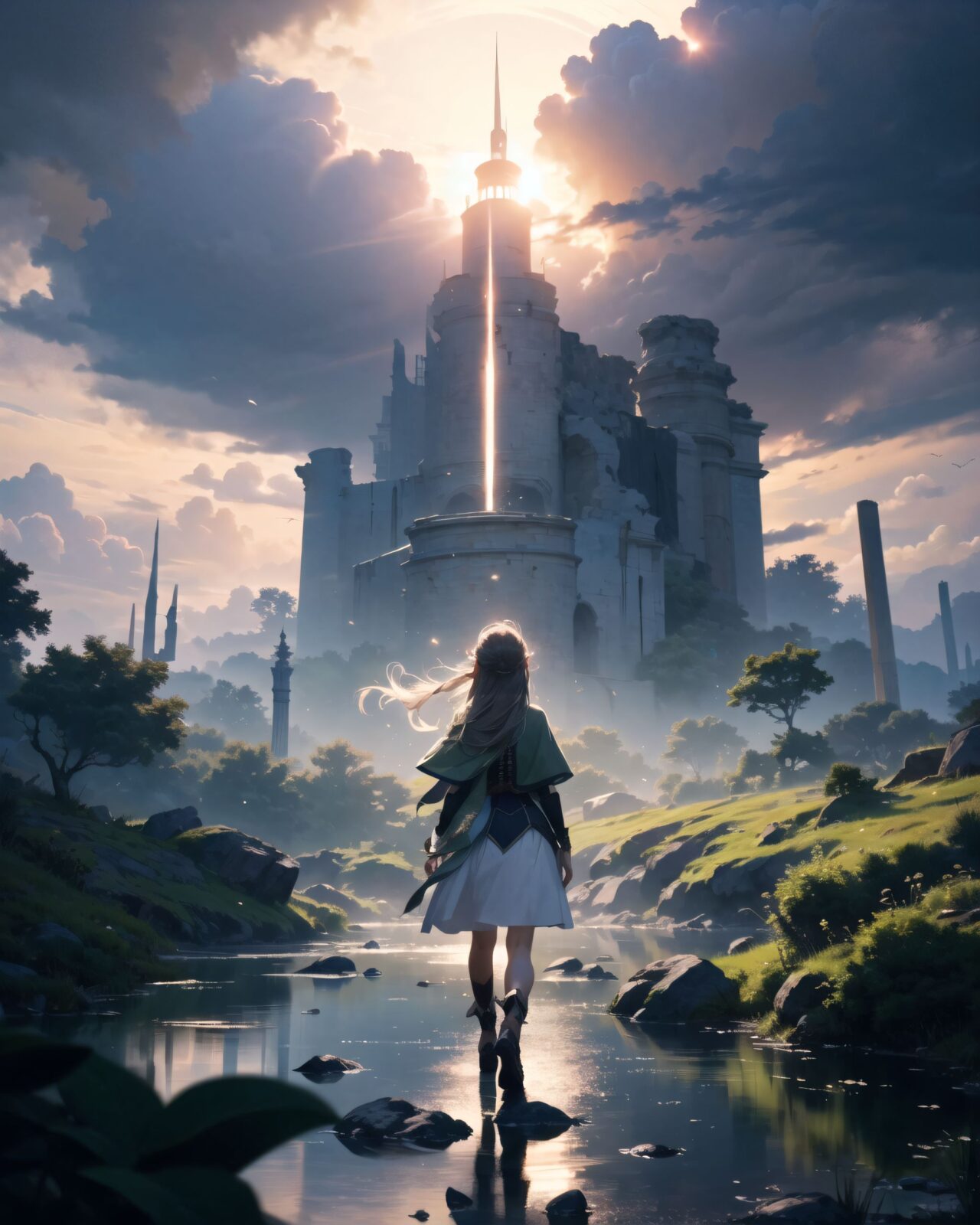 A young elf girl standing before a glowing floating magic circle, her emerald eyes fixed on it with a cautious expression. The ancient circle emits soft golden light, carved runes float midair. The surroundings are silent ruins bathed in mystical energy. Cinematic low-angle shot, soft ambient light.
(darkness, anxiety, fear, horror, doubt, black clouds, thunderclouds, faint light, moonlight, dark forest at night, ):1.5,
glowing, short hair with long locks, corset, outdoors, cloudy sky, floating hair, witch (madoka magica), white dress, grey eyes, green tunic, nature, tree, capelet, walking, rock, forest, light rays, night, full body, glowing eyes, boots, cloud, sidelocks, green capelet, sunbeam, wind, sky, sunlight, knee pads,
(shot mainly depicting the background:1.1), but it's detailed enough to show the surrounding environment and other characters from the series. The overall composition captures a moment of intense focus and magic within an enchanting setting.
(shot of back),