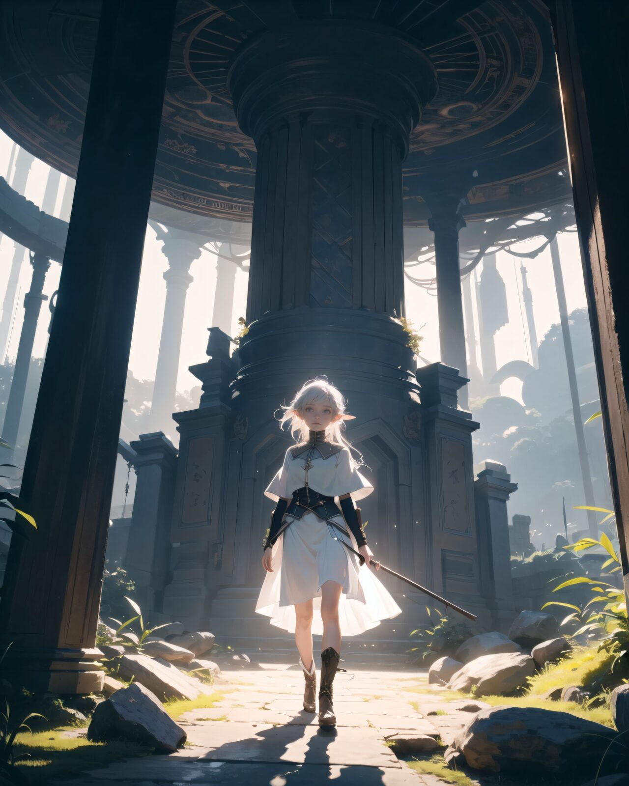 A young elf girl standing before a glowing floating magic circle, her emerald eyes fixed on it with a cautious expression. The ancient circle emits soft golden light, carved runes float midair. The surroundings are silent ruins bathed in mystical energy. Cinematic low-angle shot, soft ambient light.
(darkness, anxiety, fear, horror, doubt, black clouds, thunderclouds, faint light, moonlight, dark forest at night, ):1.5,
glowing, short hair with long locks, corset, outdoors, cloudy sky, floating hair, witch (madoka magica), white dress, grey eyes, green tunic, nature, tree, capelet, walking, rock, forest, light rays, night, full body, glowing eyes, boots, cloud, sidelocks, green capelet, sunbeam, wind, sky, sunlight, knee pads,
(shot mainly depicting the background:1.1), but it's detailed enough to show the surrounding environment and other characters from the series. The overall composition captures a moment of intense focus and magic within an enchanting setting.
(shot of person naked),