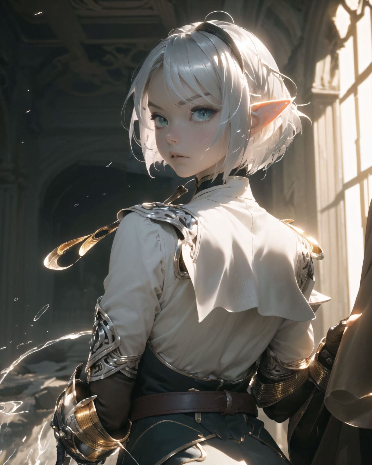 (masterpiece:1.3), (best quality:1.3),
((A charming young kawaii ero elven adventurer),
displaying an innocent yet determined expression,
((Her silver short hair flows gently in the wind):1.6),
complementing her deep emerald-green eyes,
She wears a traveler?s outfit inspired by the natural world:
- A fitted forest-green tunic with golden embroidery,
- A brown leather corset belt securing a utility pouch,
- A flowing dark green cape clasped with a golden brooch,
- Dark brown bracers and knee-high leather boots,
- A quiver of arrows slung across her back, a finely crafted elven bow in her hand,
- Gold-trimmed gloves with delicate vine-like patterns.
):1.2,
((upper body shot):1.4),
((
An ominous sound echoes, a sign of something strange about to happen
Background:
A low, dull sound echoes from deep within the ruins, and the air sways slightly.
Sand falls from a gap in the ceiling, and a faint vibration shakes the ground beneath your feet.
The light from the inscription on the wall flickers on and off.
There is a sense that something great is sleeping deep within the ruins.
Pose and expression of Philia:
She senses surprise and alarm, and immediately turns around.
She puts her hand on her bow, a gesture of caution as she waits to see what will happen.
She straightens her back and opens her eyes wide, searching for the source of the sound.
):2),
Soft natural lighting casts a warm glow on her features, highlighting the intricate details of her attire and accessories.
The image is captured with a cinematic composition, a balance of sharp focus on her expressive face and a blurred, immersive fantasy background
8k, ultra-detailed, intricate, sharp focus, depth-of-field, photorealistic, fantasy art, atmospheric lighting,
(EasyNegativeV2:-1.5), (worst quality, low quality:-1.2), (bad-hands-5:-1.2), (negative_hand-neg:-1.1)
