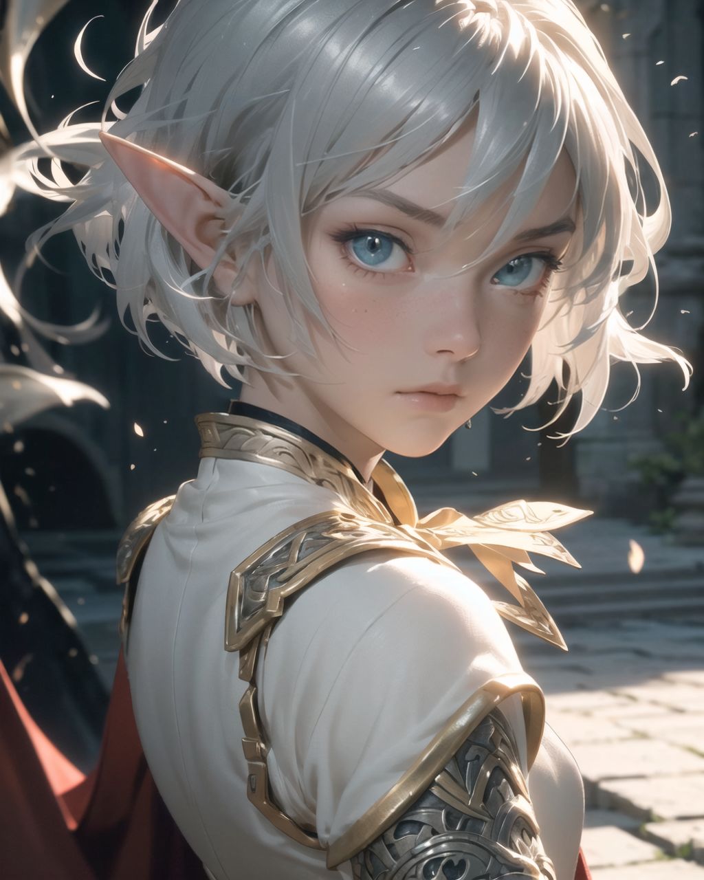 (masterpiece:1.3), (best quality:1.3),
((A charming young kawaii ero elven adventurer),
displaying an innocent yet determined expression,
((Her silver short hair flows gently in the wind):1.6),
complementing her deep emerald-green eyes,
She wears a traveler?s outfit inspired by the natural world:
- A fitted forest-green tunic with golden embroidery,
- A brown leather corset belt securing a utility pouch,
- A flowing dark green cape clasped with a golden brooch,
- Dark brown bracers and knee-high leather boots,
- A quiver of arrows slung across her back, a finely crafted elven bow in her hand,
- Gold-trimmed gloves with delicate vine-like patterns.
):1.2,
((face close-up shot):1.4),
((
?Philia is surprised by the guardian stone that suddenly starts to move.?
? Image details to be specified
Background:
The large stone statue in the centre of the hall suddenly starts to move.
The eyes glow a pale blue, and magical patterns appear all over the body.
The ground vibrates, and part of the floor collapses.
There is a space behind the wall of the ruins that suggests that there is more mystery hidden there.
Pose and expression of Philia:
She steps back in surprise.
She reflexively draws her bow and takes a defensive stance.
She stares at the scene before her with a mixture of fear and excitement in her eyes.
):1.4),
Soft natural lighting casts a warm glow on her features, highlighting the intricate details of her attire and accessories.
The image is captured with a cinematic composition, a balance of sharp focus on her expressive face and a blurred, immersive fantasy background
8k, ultra-detailed, intricate, sharp focus, depth-of-field, photorealistic, fantasy art, atmospheric lighting,
(EasyNegativeV2:-1.5), (worst quality, low quality:-1.2), (bad-hands-5:-1.2), (negative_hand-neg:-1.1)