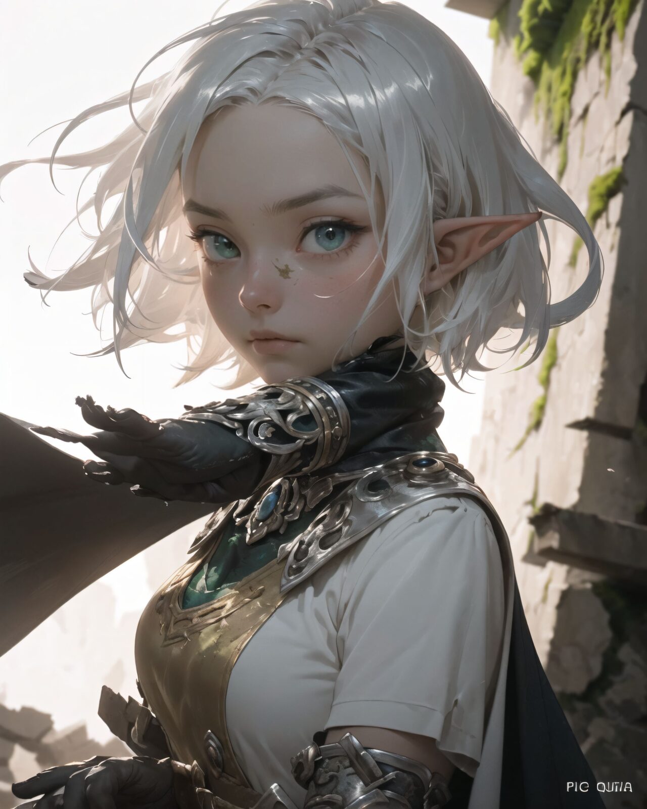 (masterpiece:1.3), (best quality:1.3),
((A charming young kawaii ero elven adventurer),
displaying an innocent yet determined expression,
((Her silver short hair flows gently in the wind):1.6),
complementing her deep emerald-green eyes,
She wears a traveler?s outfit inspired by the natural world:
- A fitted forest-green tunic with golden embroidery,
- A brown leather corset belt securing a utility pouch,
- A flowing dark green cape clasped with a golden brooch,
- Dark brown bracers and knee-high leather boots,
- A quiver of arrows slung across her back, a finely crafted elven bow in her hand,
- Gold-trimmed gloves with delicate vine-like patterns.
):1.2,
((close-up of face):1.4),
((
A tense scene unfolds in an ancient ruin, as Philia senses a disturbance. A low, dull sound echoes from the depths of the ruin, causing the air to vibrate slightly. Dust falls from cracks in the ceiling, and a faint tremor shakes the ground beneath her feet. The light emanating from the inscription on the wall flickers erratically, casting eerie shadows across the stone. In the depths of the ruin, there's a palpable sense of a large, dormant presence awakening. Philia, a young woman with fiery red hair, stands alert, her eyes wide with a mix of surprise and caution. She quickly turns towards the source of the sound, her hand instinctively reaching for the bow slung across her back. She stands tall, her posture tense, her eyes scanning the darkness for any sign of danger. The scene is dimly lit, with the only light sources being the faint glow of the inscription and the slivers of sunlight filtering through cracks in the ceiling. The ancient stone walls, covered in moss and cracks, loom around her, creating a claustrophobic and ominous atmosphere. The overall mood is one of suspense and anticipation, as Philia prepares for whatever is about to emerge from the depths of the ruin.
):2),
Soft natural lighting casts a warm glow on her features, highlighting the intricate details of her attire and accessories.
The image is captured with a cinematic composition, a balance of sharp focus on her expressive face and a blurred, immersive fantasy background
8k, ultra-detailed, intricate, sharp focus, depth-of-field, photorealistic, fantasy art, atmospheric lighting,
(EasyNegativeV2:-1.5), (worst quality, low quality:-1.2), (bad-hands-5:-1.2), (negative_hand-neg:-1.1)