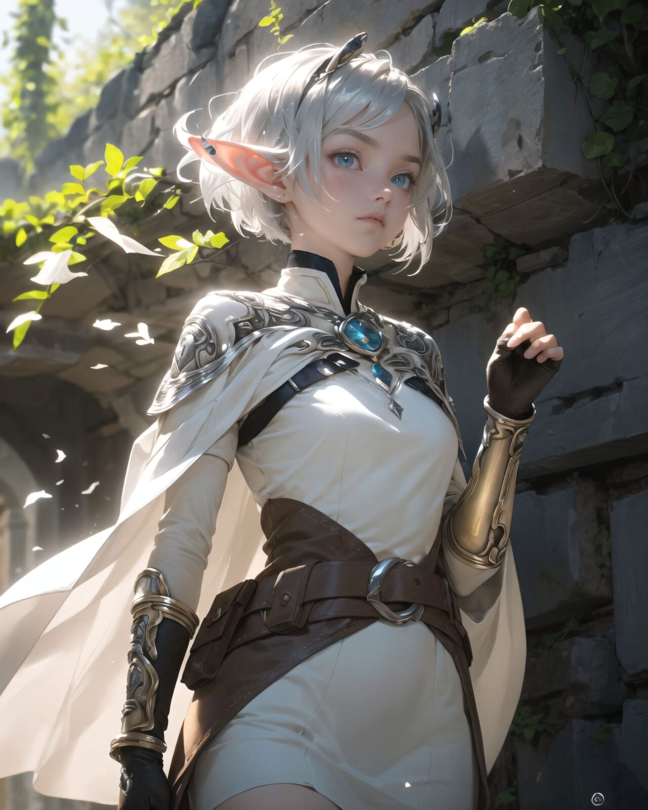 (masterpiece:1.3), (best quality:1.3),
((A charming young kawaii ero elven adventurer),
displaying an innocent yet determined expression,
((Her silver short hair flows gently in the wind):1.6),
complementing her deep emerald-green eyes,
She wears a traveler?s outfit inspired by the natural world:
- A fitted forest-green tunic with golden embroidery,
- A brown leather corset belt securing a utility pouch,
- A flowing dark green cape clasped with a golden brooch,
- Dark brown bracers and knee-high leather boots,
- A quiver of arrows slung across her back, a finely crafted elven bow in her hand,
- Gold-trimmed gloves with delicate vine-like patterns.
):1.2,
((close-up shot):1.4),
((
((Filia stands before an ancient stone wall deep within the ruins, softly illuminated by the faint glow of mystical inscriptions. The glyphs are carved into the weathered stone, glowing dimly with a hidden power. Dust and light particles float in the air, emphasizing the ancient and forgotten atmosphere. Vines creep along the cracks in the wall, showing the passage of centuries. Filia gently reaches out, tracing the mysterious symbols with a look of curiosity and wonder):1.2),
The inscription gradually begins to glow, and the ancient characters begin to emerge clearly.
Some of the characters begin to move, as if they are floating in the air.
There are several magical symbols carved into the wall, suggesting that they are part of the seal.
The air around you changes slightly, and you get the illusion that the ruins have come to life.
(She puts her hand to her mouth, trying to understand the inscription.
She furrows her brow slightly, carefully trying to decipher the letters.
She looks thoughtful, recalling the elven lore she once heard).
):1.4),
Soft natural lighting casts a warm glow on her features, highlighting the intricate details of her attire and accessories.
The image is captured with a cinematic composition, a balance of sharp focus on her expressive face and a blurred, immersive fantasy background
8k, ultra-detailed, intricate, sharp focus, depth-of-field, photorealistic, fantasy art, atmospheric lighting,
(EasyNegativeV2:-1.5), (worst quality, low quality:-1.2), (bad-hands-5:-1.2), (negative_hand-neg:-1.1)