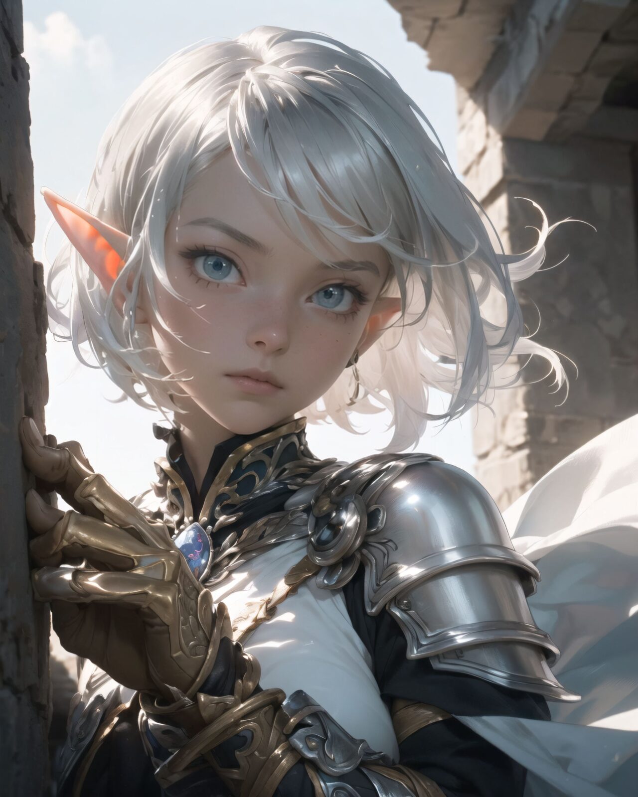 (masterpiece:1.3), (best quality:1.3),
((A charming young kawaii ero elven adventurer),
displaying an innocent yet determined expression,
((Her silver short hair flows gently in the wind):1.6),
complementing her deep emerald-green eyes,
She wears a traveler?s outfit inspired by the natural world:
- A fitted forest-green tunic with golden embroidery,
- A brown leather corset belt securing a utility pouch,
- A flowing dark green cape clasped with a golden brooch,
- Dark brown bracers and knee-high leather boots,
- A quiver of arrows slung across her back, a finely crafted elven bow in her hand,
- Gold-trimmed gloves with delicate vine-like patterns.
):1.2,
((face close-up shot):1.4),
((
Strange characters are found carved into the wall.
? Image details
Background:
Deep within the ruins, ancient inscriptions are carved densely all over the walls.
The characters are similar to the old Elven language, but have a somewhat different atmosphere.
The surface is smooth, but some of the characters are beginning to fade due to the passage of time.
A pale blue light pulses slowly, enveloping some of the inscriptions.
Pose/expression of Filia:
She stops and looks at the inscription on the wall with interest.
Her eyes are narrowed as she concentrates on trying to decipher it.
She puts one hand on her chin and looks thoughtful.
):1.4),
Soft natural lighting casts a warm glow on her features, highlighting the intricate details of her attire and accessories.
The image is captured with a cinematic composition, a balance of sharp focus on her expressive face and a blurred, immersive fantasy background
8k, ultra-detailed, intricate, sharp focus, depth-of-field, photorealistic, fantasy art, atmospheric lighting,
(EasyNegativeV2:-1.5), (worst quality, low quality:-1.2), (bad-hands-5:-1.2), (negative_hand-neg:-1.1)
