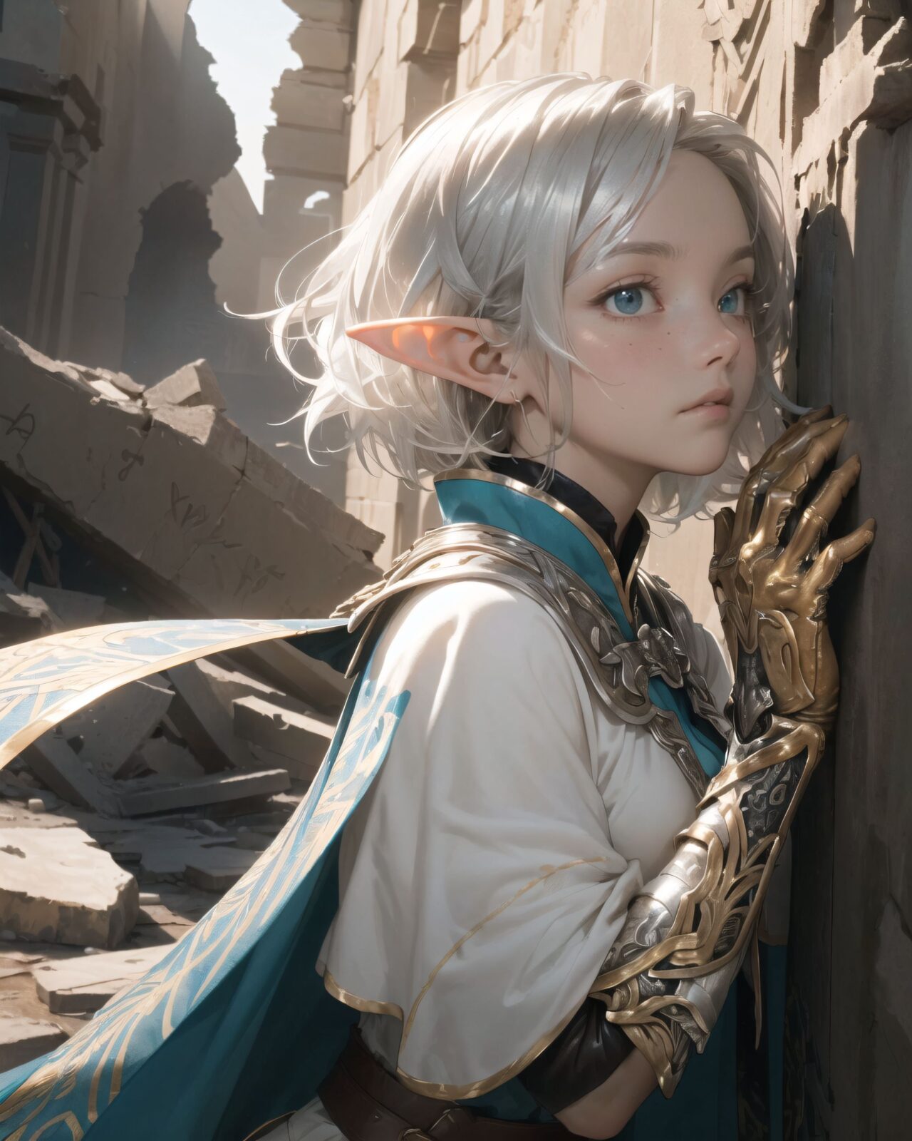 (masterpiece:1.3), (best quality:1.3),
((A charming young kawaii ero elven adventurer),
displaying an innocent yet determined expression,
((Her silver short hair flows gently in the wind):1.6),
complementing her deep emerald-green eyes,
She wears a traveler?s outfit inspired by the natural world:
- A fitted forest-green tunic with golden embroidery,
- A brown leather corset belt securing a utility pouch,
- A flowing dark green cape clasped with a golden brooch,
- Dark brown bracers and knee-high leather boots,
- A quiver of arrows slung across her back, a finely crafted elven bow in her hand,
- Gold-trimmed gloves with delicate vine-like patterns.
):1.2,
((face close-up shot):1.4),
((
((Strange characters are found carved into the wall):1.5),
? Image details
Background:
((Deep within the ruins, ancient inscriptions are carved densely all over the walls):1.5),
The characters are similar to the old Elven language, but have a somewhat different atmosphere.
The surface is smooth, but some of the characters are beginning to fade due to the passage of time.
A pale blue light pulses slowly, enveloping some of the inscriptions.
Pose/expression of Filia:
She stops and looks at the inscription on the wall with interest.
Her eyes are narrowed as she concentrates on trying to decipher it.
She puts one hand on her chin and looks thoughtful.
):1.4),
Soft natural lighting casts a warm glow on her features, highlighting the intricate details of her attire and accessories.
The image is captured with a cinematic composition, a balance of sharp focus on her expressive face and a blurred, immersive fantasy background
8k, ultra-detailed, intricate, sharp focus, depth-of-field, photorealistic, fantasy art, atmospheric lighting,
(EasyNegativeV2:-1.5), (worst quality, low quality:-1.2), (bad-hands-5:-1.2), (negative_hand-neg:-1.1)