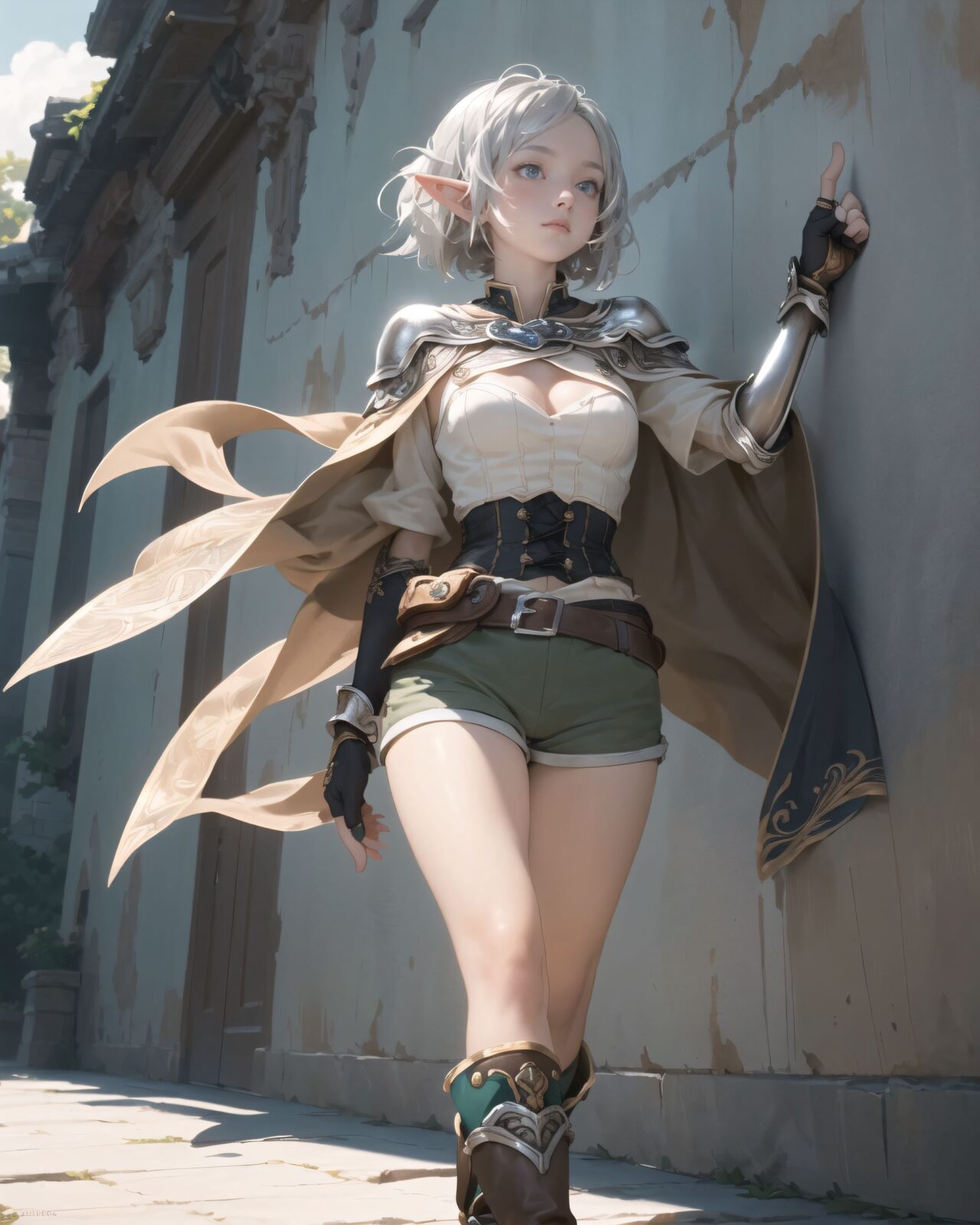 (masterpiece:1.3), (best quality:1.3),
((A charming young kawaii ero elven adventurer),
displaying an innocent yet determined expression,
((Her silver short hair flows gently in the wind):1.6),
complementing her deep emerald-green eyes,
She wears a traveler?s outfit inspired by the natural world:
- A fitted forest-green tunic with golden embroidery,
- A brown leather corset belt securing a utility pouch,
- A flowing dark green cape clasped with a golden brooch,
- Dark brown bracers and knee-high leather boots,
- A quiver of arrows slung across her back, a finely crafted elven bow in her hand,
- Gold-trimmed gloves with delicate vine-like patterns.
):1.2,
((shot with bare breasts as main focus):1.4),
((
Filia traces the inscription with her finger,
? Image Details
Background:
(She touches the inscription on the wall with her finger:1.5),
some of the letters she touches are glowing.
The surface of the wall is trembling slightly, showing signs of awakening ancient magic.
In the silence of the ruins, you can see the effect of faint energy waves rippling through the air.
Pose and expression of Philia:
She gently reaches out her finger to the wall and carefully traces the inscription.
She is surprised by the light that spreads out from the tip of her finger.
She senses that something will happen after this.
):1.4),
Soft natural lighting casts a warm glow on her features, highlighting the intricate details of her attire and accessories.
The image is captured with a cinematic composition, a balance of sharp focus on her expressive face and a blurred, immersive fantasy background
8k, ultra-detailed, intricate, sharp focus, depth-of-field, photorealistic, fantasy art, atmospheric lighting,
(EasyNegativeV2:-1.5), (worst quality, low quality:-1.2), (bad-hands-5:-1.2), (negative_hand-neg:-1.1)