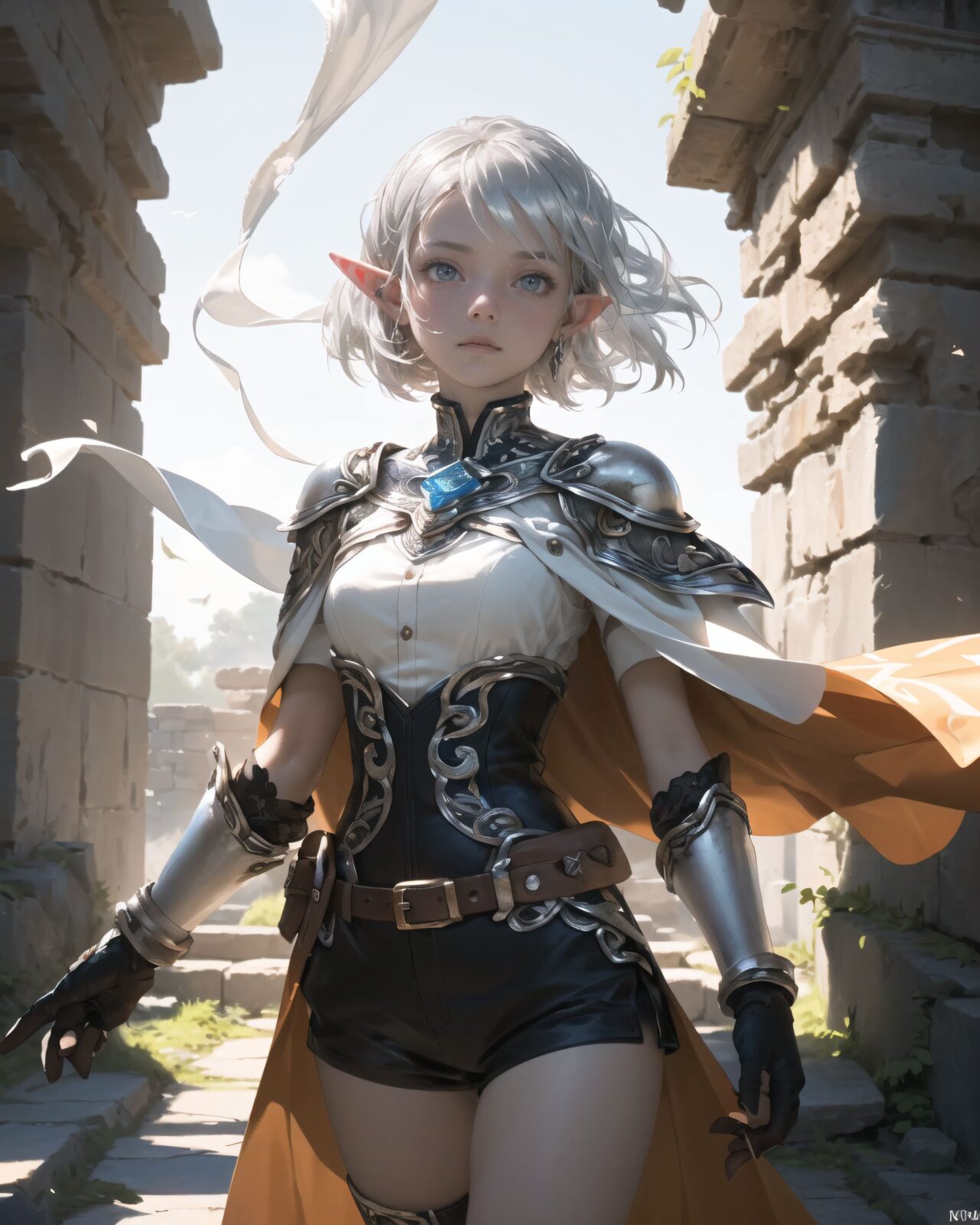(masterpiece:1.3), (best quality:1.3),
((A charming young kawaii ero elven adventurer),
displaying an innocent yet determined expression,
((Her silver short hair flows gently in the wind):1.6),
complementing her deep emerald-green eyes,
She wears a traveler?s outfit inspired by the natural world:
- A fitted forest-green tunic with golden embroidery,
- A brown leather corset belt securing a utility pouch,
- A flowing dark green cape clasped with a golden brooch,
- Dark brown bracers and knee-high leather boots,
- A quiver of arrows slung across her back, a finely crafted elven bow in her hand,
- Gold-trimmed gloves with delicate vine-like patterns.
):1.2,
((cowboy shot):1.4),
((
Philia's position and movement:
?She is standing in front of an ancient stone wall, her fingers gently tracing the shining inscription.?
?Her eyes reflect the mysterious glow of the rune characters, with an expression that suggests both curiosity and concentration.?
Design of the inscription:
?The shining ancient rune characters carved into the weathered stone.?
?The inscription, illuminated by a soft light, with magical symbols pulsing with the light.?
?The magical energy of blue and gold swirling around the letters?
Background atmosphere:
?Ancient ruins covered in moss and ivy, dim and mysterious lighting?
?A faint magical aura emanating from the stone walls?
?Soft blue light illuminating the carved letters, casting a pale shadow on the wall?
Camera perspective specified:
?Close-up shot, cinematic framing?
?Focus on her hand and the glowing letters?
?Create a sense of depth by blurring the background of the ancient ruins?
):1.4),
Soft natural lighting casts a warm glow on her features, highlighting the intricate details of her attire and accessories.
The image is captured with a cinematic composition, a balance of sharp focus on her expressive face and a blurred, immersive fantasy background
8k, ultra-detailed, intricate, sharp focus, depth-of-field, photorealistic, fantasy art, atmospheric lighting,
(EasyNegativeV2:-1.5), (worst quality, low quality:-1.2), (bad-hands-5:-1.2), (negative_hand-neg:-1.1)