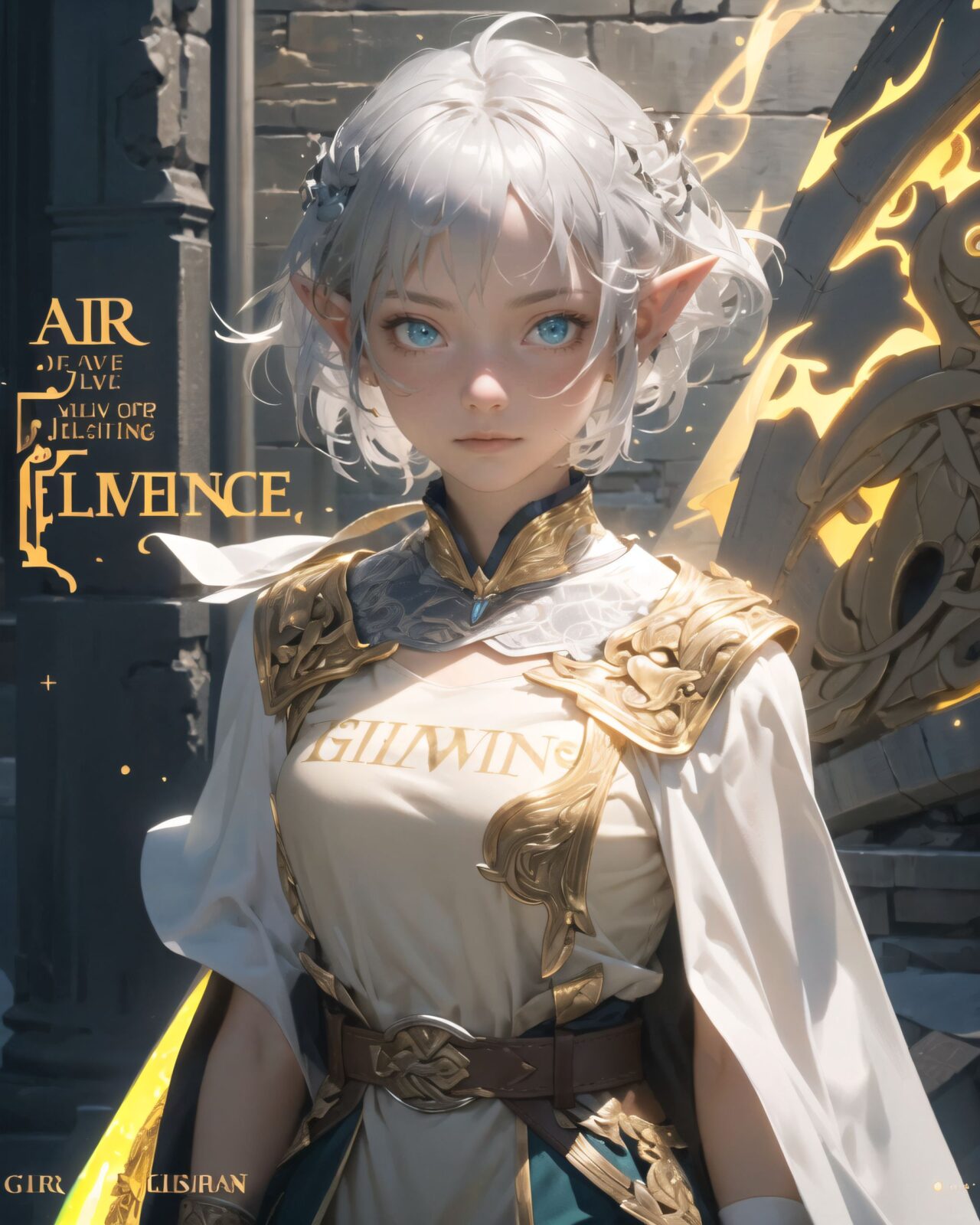 (masterpiece:1.3), (best quality:1.3),
((A charming young kawaii ero elven adventurer),
displaying an innocent yet determined expression,
((Her silver short hair flows gently in the wind):1.6),
complementing her deep emerald-green eyes,
She wears a traveler?s outfit inspired by the natural world:
- A fitted forest-green tunic with golden embroidery,
- A brown leather corset belt securing a utility pouch,
- A flowing dark green cape clasped with a golden brooch,
- Dark brown bracers and knee-high leather boots,
- A quiver of arrows slung across her back, a finely crafted elven bow in her hand,
- Gold-trimmed gloves with delicate vine-like patterns.
):1.2,
((upper body shot):1.4),
((
The inscription gradually begins to glow, and the ancient characters begin to emerge clearly),
(Some of the characters begin to move, as if they are floating in mid-air),
(There are several magical symbols carved into the wall, suggesting that they are part of the seal),
(The air around you changes slightly, and you get the illusion that the ruins have come to life),
:2),
Soft natural lighting casts a warm glow on her features, highlighting the intricate details of her attire and accessories.
The image is captured with a cinematic composition, a balance of sharp focus on her expressive face and a blurred, immersive fantasy background
8k, ultra-detailed, intricate, sharp focus, depth-of-field, photorealistic, fantasy art, atmospheric lighting,
(EasyNegativeV2:-1.5), (worst quality, low quality:-1.2), (bad-hands-5:-1.2), (negative_hand-neg:-1.1)