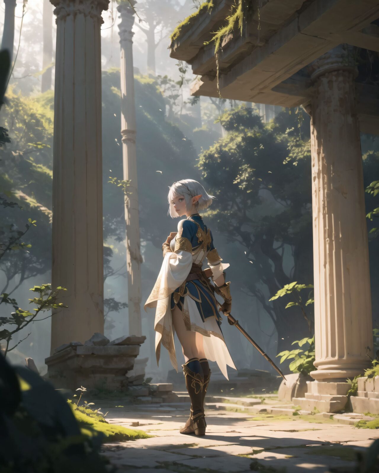 (masterpiece:1.3), (best quality:1.3),
A charming young kawaii ero elven adventurer, displaying an innocent yet determined expression,
(Her silver short hair flows gently in the wind), complementing her deep emerald-green eyes,
She wears a traveler?s outfit inspired by the natural world:
- A fitted forest-green tunic with golden embroidery,
- A brown leather corset belt securing a utility pouch,
- A flowing dark green cape clasped with a golden brooch,
- Dark brown bracers and knee-high leather boots,
- A quiver of arrows slung across her back, a finely crafted elven bow in her hand,
- Gold-trimmed gloves with delicate vine-like patterns.
((Distant view shot):1.4),
She embodies an aura of adventure and curiosity with her elegant and mysterious style.
Soft natural lighting casts a warm glow on her features, highlighting the intricate details of her attire and accessories.
The image is captured with a cinematic composition, a balance of sharp focus on her expressive face and a blurred, immersive fantasy background.
((
Standing before an ancient ruin deep within a mystical forest,
Towering stone pillars covered in moss and glowing ancient inscriptions carved into weathered stone,
Golden sunlight filtering through dense foliage, casting ethereal light onto the sacred ruins,
A mysterious aura emanates from the ruins, swirling magical particles in the air,
Filia stands cautiously, gazing upon the ruins with wonder and curiosity
):1.2),
Soft natural lighting casts a warm glow on her features, highlighting the intricate details of her attire and accessories.
The image is captured with a cinematic composition, a balance of sharp focus on her expressive face and a blurred, immersive fantasy background.
8k, ultra-detailed, intricate, sharp focus, depth-of-field, photorealistic, fantasy art, atmospheric lighting,
(EasyNegativeV2:-1.5), (worst quality, low quality:-1.2), (bad-hands-5:-1.2), (negative_hand-neg:-1.1)
