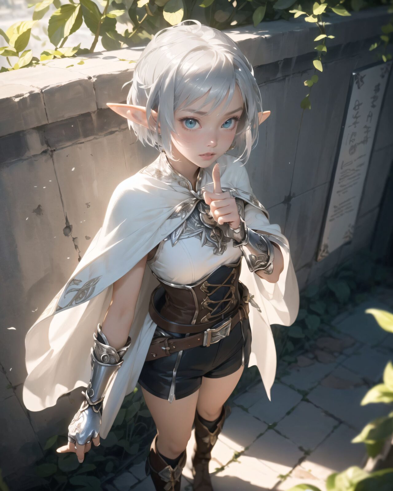 (masterpiece:1.3), (best quality:1.3),
((A charming young kawaii ero elven adventurer),
displaying an innocent yet determined expression,
((Her silver short hair flows gently in the wind):1.6),
complementing her deep emerald-green eyes,
She wears a traveler?s outfit inspired by the natural world:
- A fitted forest-green tunic with golden embroidery,
- A brown leather corset belt securing a utility pouch,
- A flowing dark green cape clasped with a golden brooch,
- Dark brown bracers and knee-high leather boots,
- A quiver of arrows slung across her back, a finely crafted elven bow in her hand,
- Gold-trimmed gloves with delicate vine-like patterns.
):1.2,
((overhead shot):1.4),
((
Filia traces the inscription with her finger,
? Image Details
Background:
(She touches the inscription on the wall with her finger:1.5),
some of the letters she touches are glowing.
The surface of the wall is trembling slightly, showing signs of awakening ancient magic.
In the silence of the ruins, you can see the effect of faint energy waves rippling through the air.
Pose and expression of Philia:
She gently reaches out her finger to the wall and carefully traces the inscription.
She is surprised by the light that spreads out from the tip of her finger.
She senses that something will happen after this.
):1.4),
Soft natural lighting casts a warm glow on her features, highlighting the intricate details of her attire and accessories.
The image is captured with a cinematic composition, a balance of sharp focus on her expressive face and a blurred, immersive fantasy background
8k, ultra-detailed, intricate, sharp focus, depth-of-field, photorealistic, fantasy art, atmospheric lighting,
(EasyNegativeV2:-1.5), (worst quality, low quality:-1.2), (bad-hands-5:-1.2), (negative_hand-neg:-1.1)
