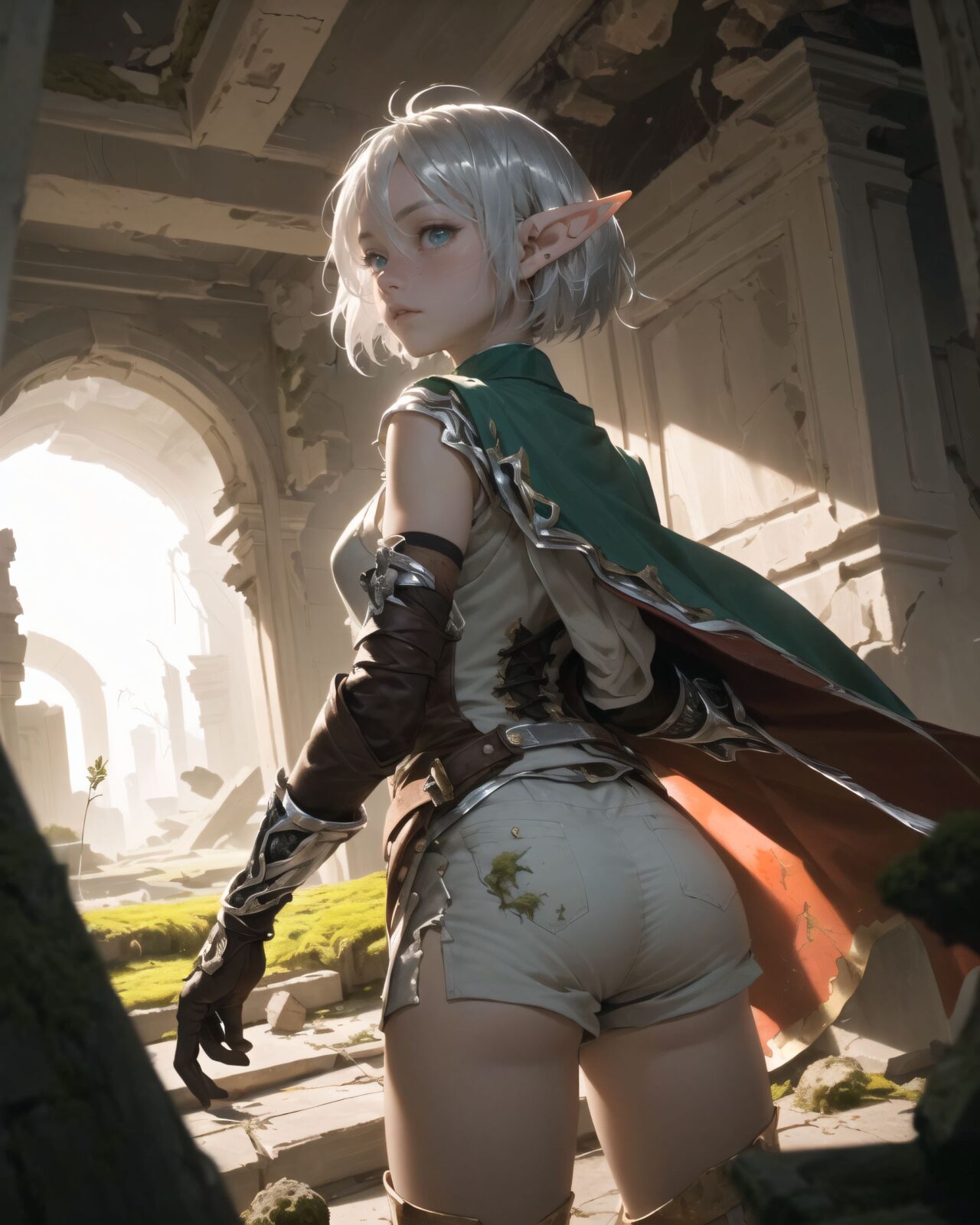 (masterpiece:1.3), (best quality:1.3),
((A charming young kawaii ero elven adventurer),
displaying an innocent yet determined expression,
((Her silver short hair flows gently in the wind):1.6),
complementing her deep emerald-green eyes,
She wears a traveler?s outfit inspired by the natural world:
- A fitted forest-green tunic with golden embroidery,
- A brown leather corset belt securing a utility pouch,
- A flowing dark green cape clasped with a golden brooch,
- Dark brown bracers and knee-high leather boots,
- A quiver of arrows slung across her back, a finely crafted elven bow in her hand,
- Gold-trimmed gloves with delicate vine-like patterns.
):1.2,
((cowboy shot):1.4),
((
A tense scene unfolds in an ancient ruin, as Philia senses a disturbance. A low, dull sound echoes from the depths of the ruin, causing the air to vibrate slightly. Dust falls from cracks in the ceiling, and a faint tremor shakes the ground beneath her feet. The light emanating from the inscription on the wall flickers erratically, casting eerie shadows across the stone. In the depths of the ruin, there's a palpable sense of a large, dormant presence awakening. Philia, a young woman with fiery red hair, stands alert, her eyes wide with a mix of surprise and caution. She quickly turns towards the source of the sound, her hand instinctively reaching for the bow slung across her back. She stands tall, her posture tense, her eyes scanning the darkness for any sign of danger. The scene is dimly lit, with the only light sources being the faint glow of the inscription and the slivers of sunlight filtering through cracks in the ceiling. The ancient stone walls, covered in moss and cracks, loom around her, creating a claustrophobic and ominous atmosphere. The overall mood is one of suspense and anticipation, as Philia prepares for whatever is about to emerge from the depths of the ruin.
):2),
Soft natural lighting casts a warm glow on her features, highlighting the intricate details of her attire and accessories.
The image is captured with a cinematic composition, a balance of sharp focus on her expressive face and a blurred, immersive fantasy background
8k, ultra-detailed, intricate, sharp focus, depth-of-field, photorealistic, fantasy art, atmospheric lighting,
(EasyNegativeV2:-1.5), (worst quality, low quality:-1.2), (bad-hands-5:-1.2), (negative_hand-neg:-1.1)