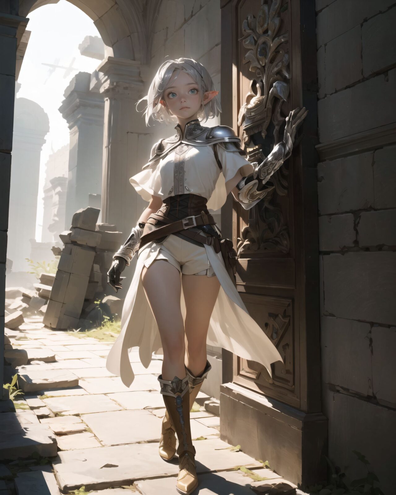 (masterpiece:1.3), (best quality:1.3),
((A charming young kawaii ero elven adventurer),
displaying an innocent yet determined expression,
((Her silver short hair flows gently in the wind):1.6),
complementing her deep emerald-green eyes,
She wears a traveler?s outfit inspired by the natural world:
- A fitted forest-green tunic with golden embroidery,
- A brown leather corset belt securing a utility pouch,
- A flowing dark green cape clasped with a golden brooch,
- Dark brown bracers and knee-high leather boots,
- A quiver of arrows slung across her back, a finely crafted elven bow in her hand,
- Gold-trimmed gloves with delicate vine-like patterns.
):1.2,
((nakid shot):1.4),
((
The girl steps inside the ruins.
? Image details
Background:
The inside of the ruins is cool and the air is faintly damp.
The ceiling is high and the stone walls are cracked and covered in moss, giving the impression of time passing.
In the dim light, the old stone paving at the feet of Philia and the scattered rubble tell the story of the ruins' collapse.
The light source is limited, and the only light is the remains of torches hanging on the walls and the sunlight that filters in through the gaps in the ceiling.
Filia's pose and expression:
Filia walks carefully.
She looks around her surroundings, a little wary, as she is enveloped in the silence of the ruins.
She walks carefully, with one hand on the wall.
):1.4),
Soft natural lighting casts a warm glow on her features, highlighting the intricate details of her attire and accessories.
The image is captured with a cinematic composition, a balance of sharp focus on her expressive face and a blurred, immersive fantasy background
8k, ultra-detailed, intricate, sharp focus, depth-of-field, photorealistic, fantasy art, atmospheric lighting,
(EasyNegativeV2:-1.5), (worst quality, low quality:-1.2), (bad-hands-5:-1.2), (negative_hand-neg:-1.1)
